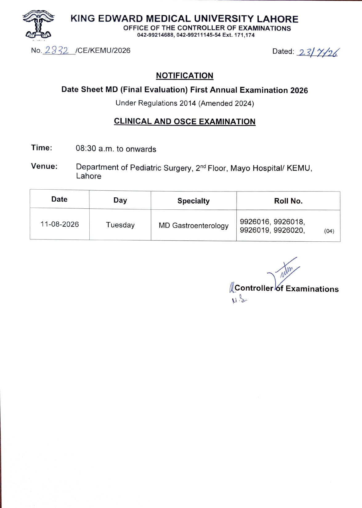 KEMU Date Sheet 2026 Released for MD Final Evaluation First Annual Examination