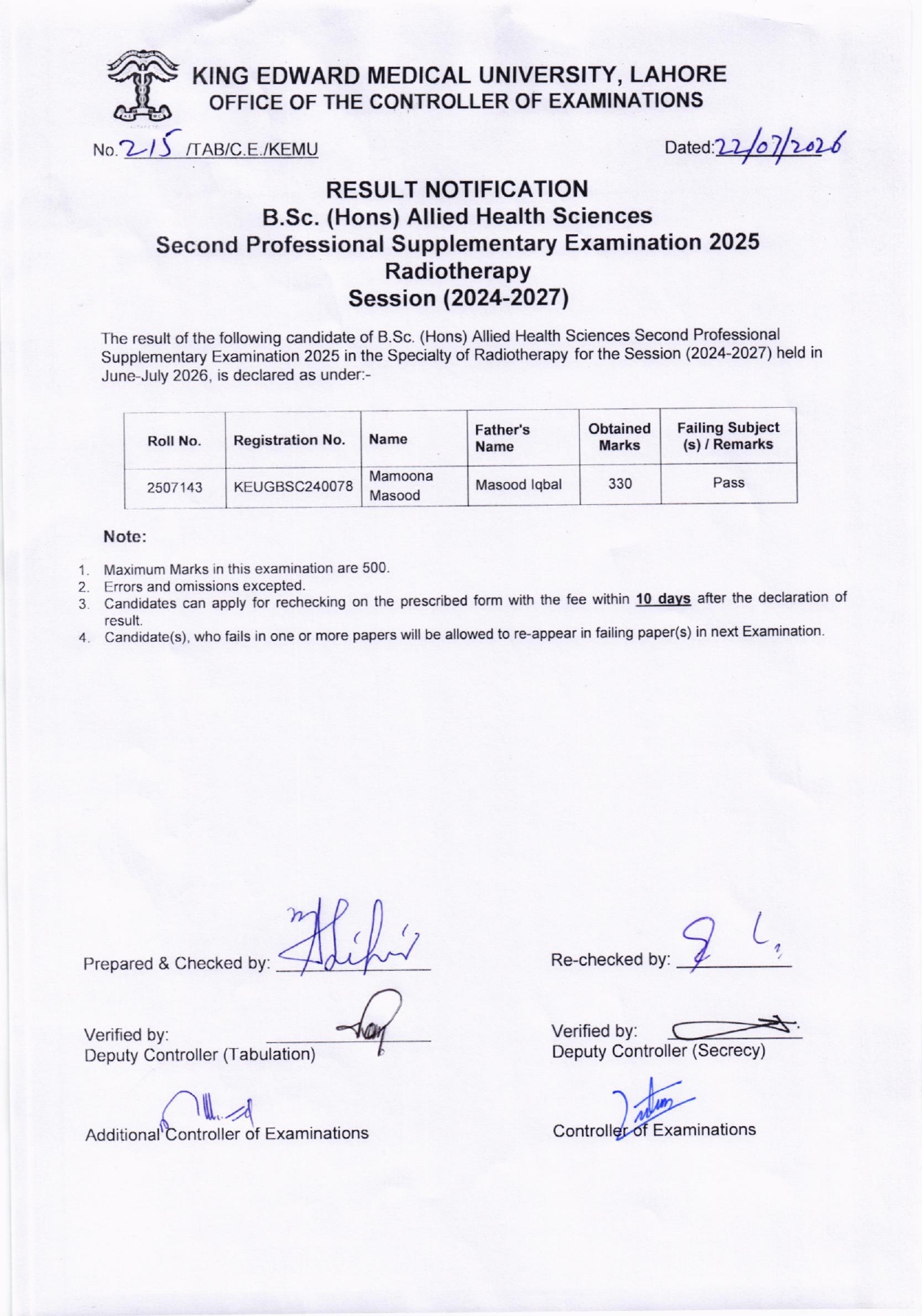 KEMU BSc Hons AHS 2nd Professional Supplementary Result Notification 2026 issued KEMU BSc Hons AHS 2nd Professional Supplementary Result Notification 2026 issued