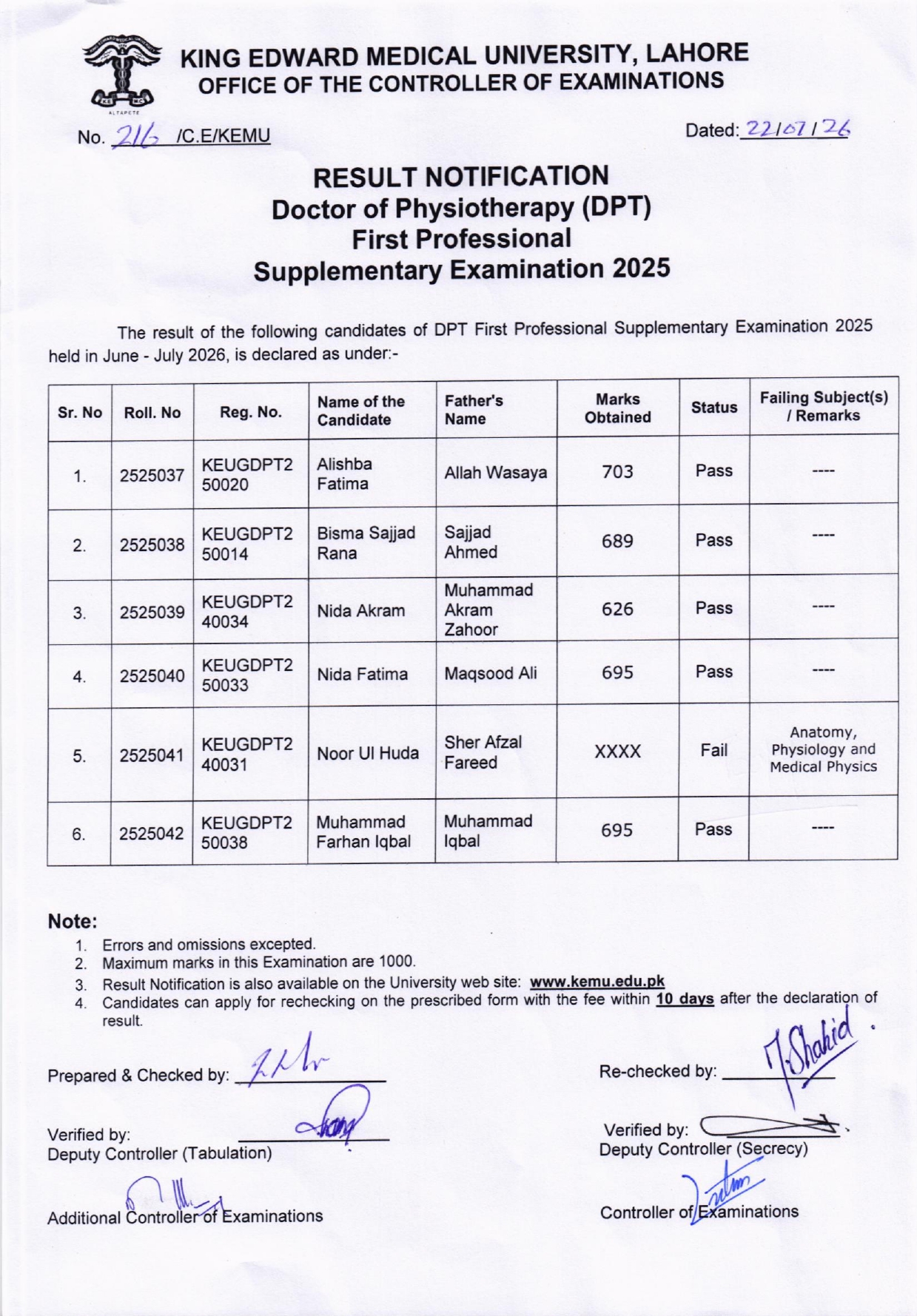 KEMU Result Notification 2026 Released for DPT 1st Prof Supplementary Exams KEMU Result Notification 2026 Released for DPT 1st Prof Supplementary Exams