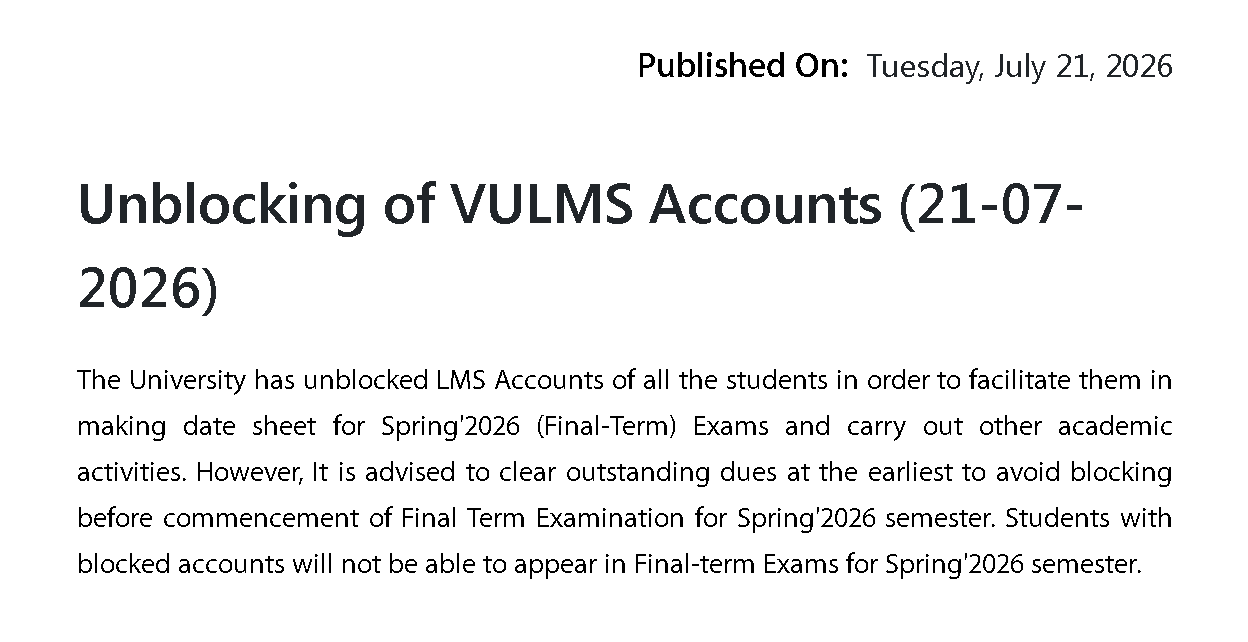 VU Announces VULMS Accounts Unblocking Notice for Making Date Sheet 2026