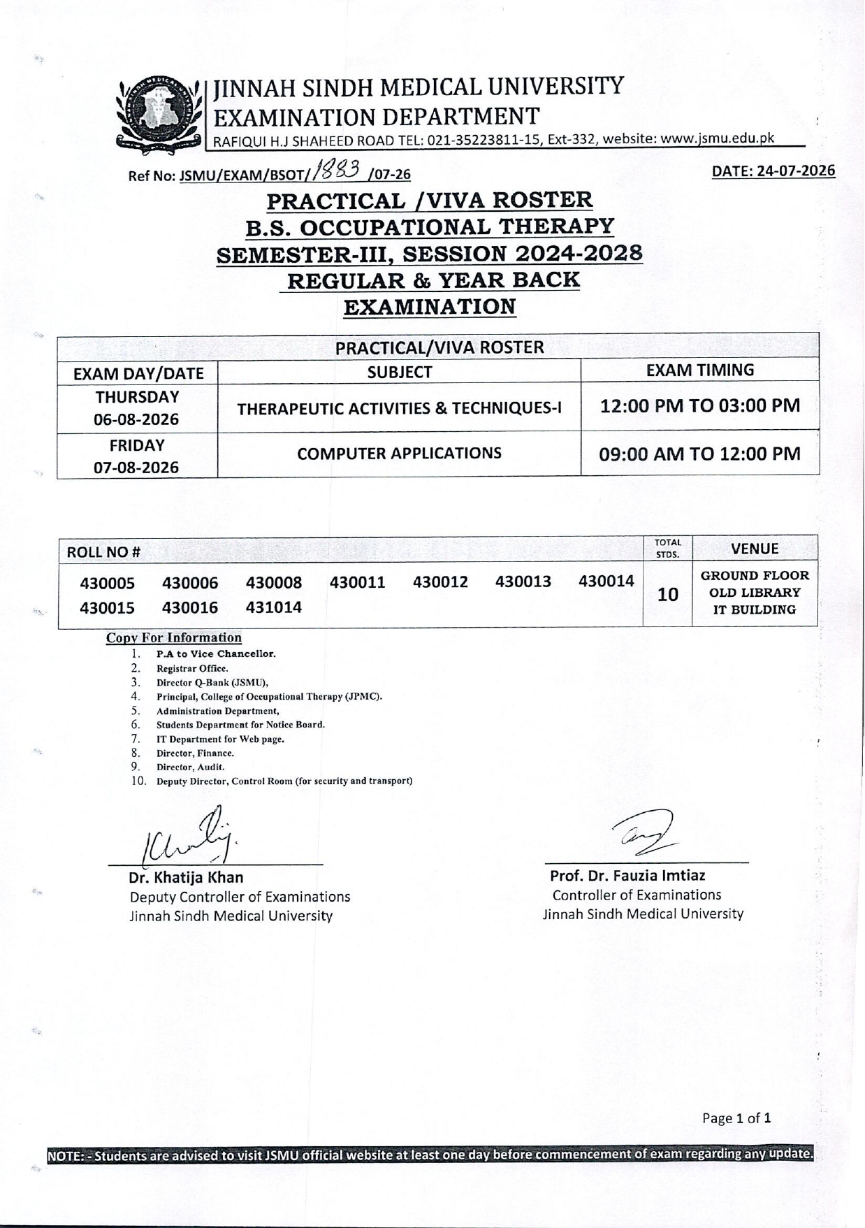 JSMU Date Sheet 2026 Released for BSOT Program Exams