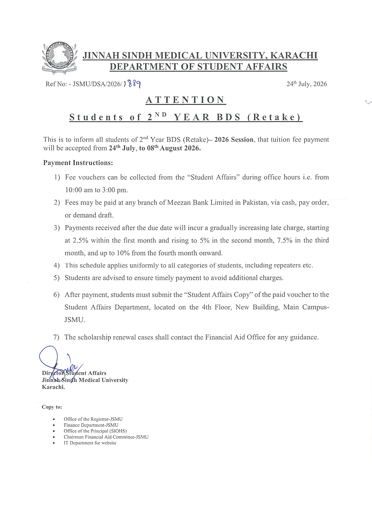 JSMU Releases Fee Notice 2026 for 2nd Year BDS Retake Students