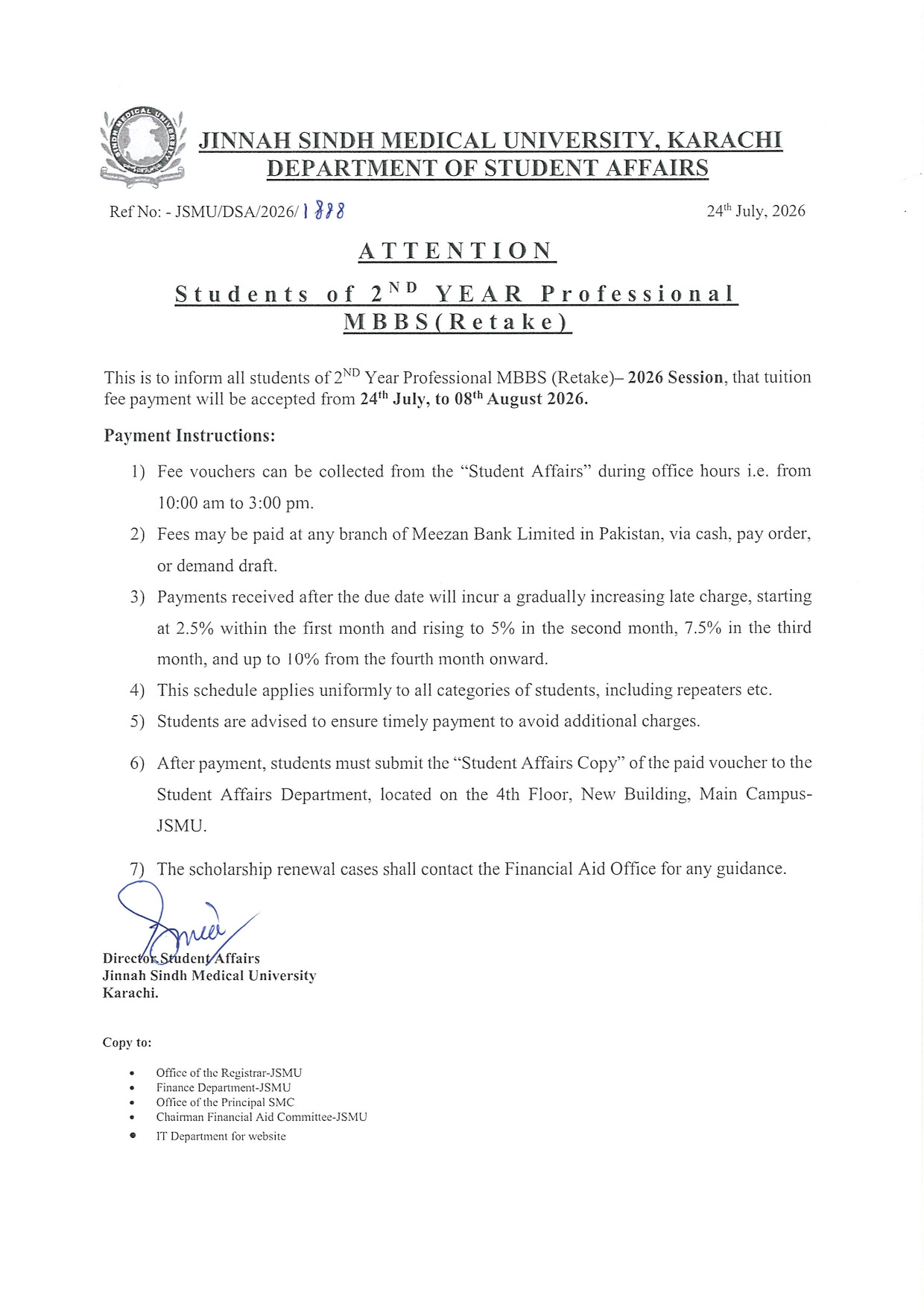 JSMU Fee Notice 2026 Released for 2nd Year MBBS Retake Exams