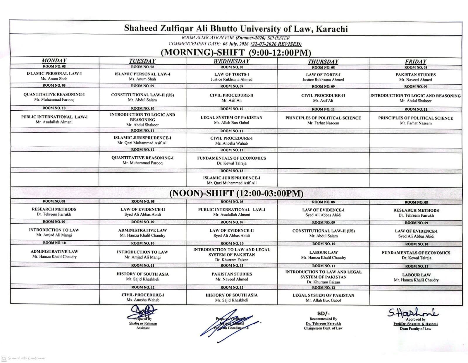 SZABUL Revised Time Table 2026 Announced for Morning & Noon Shifts