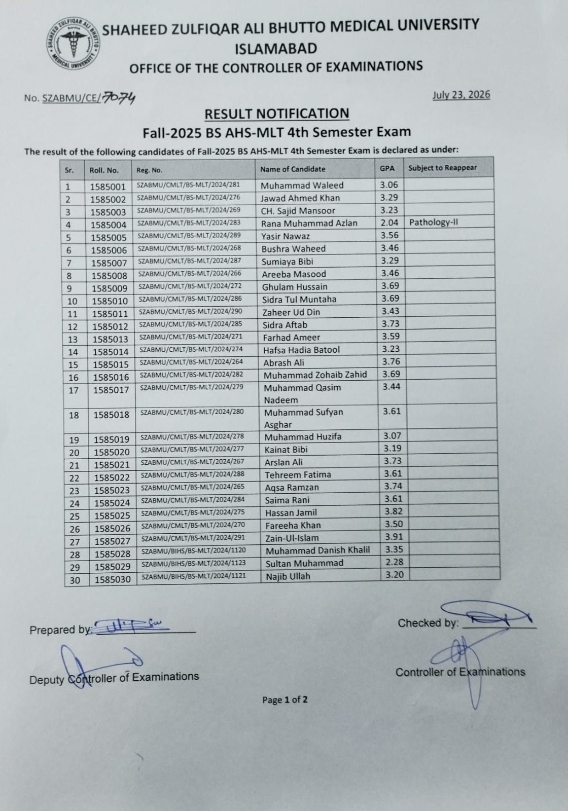 SZABMU Declares BS AHS Program Result 2026 SZABMU Declares BS AHS Program Result 2026