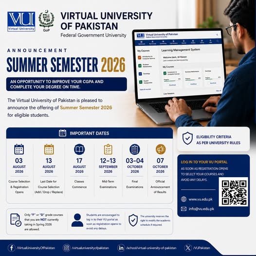 VU Issues Summer Semester Announcement Notice 2026 for Eligible Students VU Issues Summer Semester Announcement Notice 2026 for Eligible Students