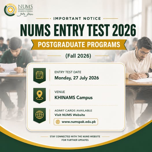 NUMS Releases PG Programs Entry Test Schedule 2026 NUMS Releases PG Programs Entry Test Schedule 2026