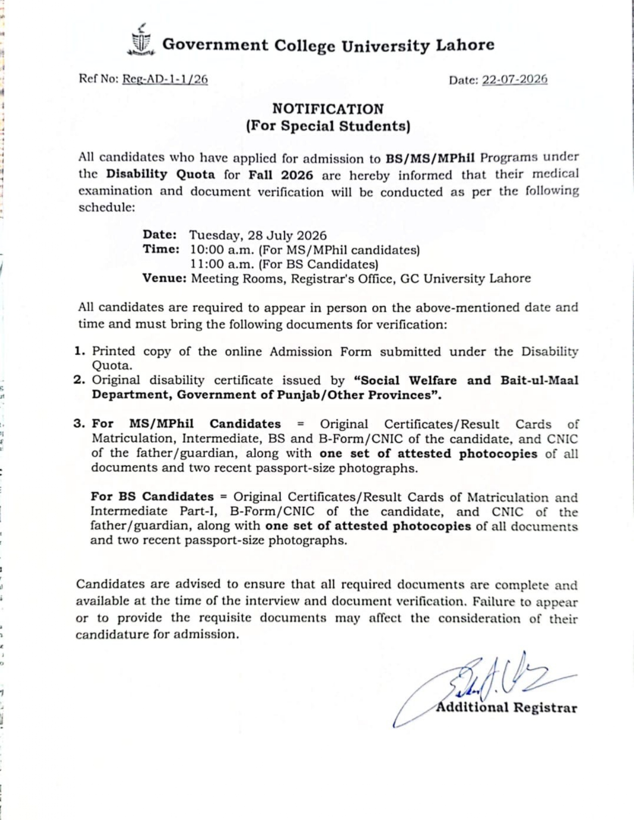 GCU Lahore Document Verification & Interview Schedule 2026 Announced GCU Lahore Document Verification & Interview Schedule 2026 Announced