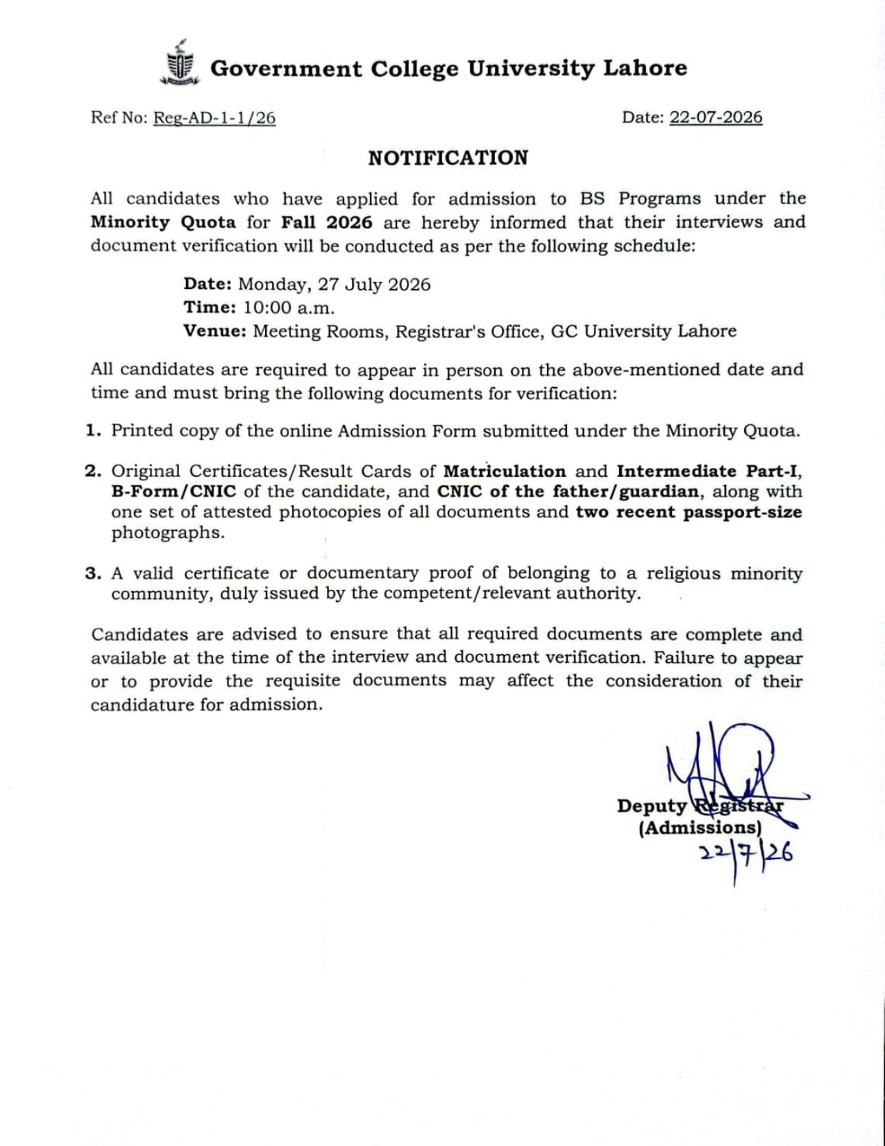 GCU Lahore Minority Quota Document Verification & Interview Schedule 2026 Out GCU Lahore Minority Quota Document Verification & Interview Schedule 2026 Out