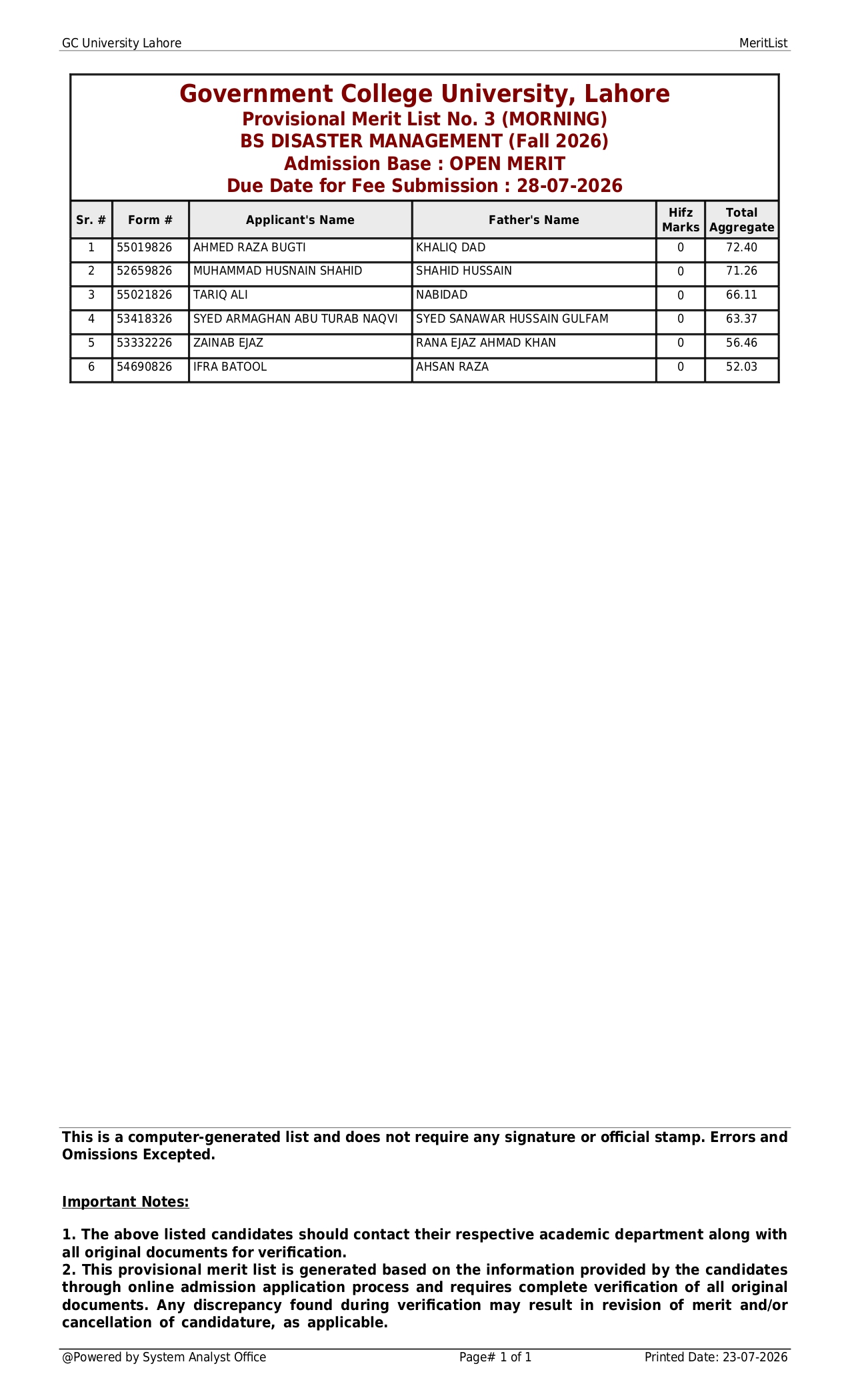 GCU Lahore BS Admissions Merit List 2026 Out GCU Lahore BS Admissions Merit List 2026 Out