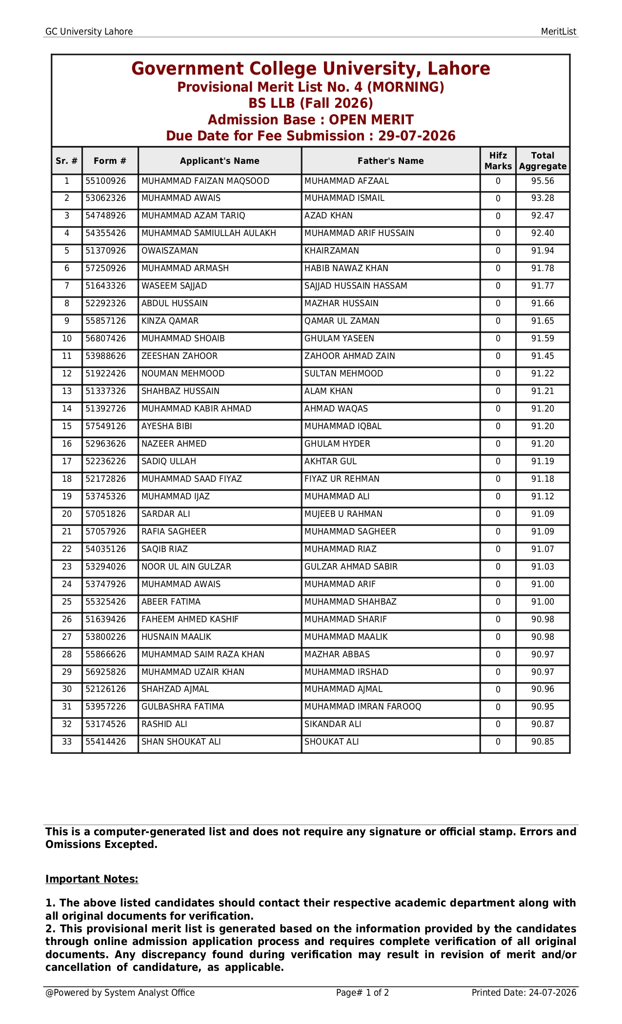 GCU Lahore Merit List 2026 Released for LLB Program Admissions GCU Lahore Merit List 2026 Released for LLB Program Admissions