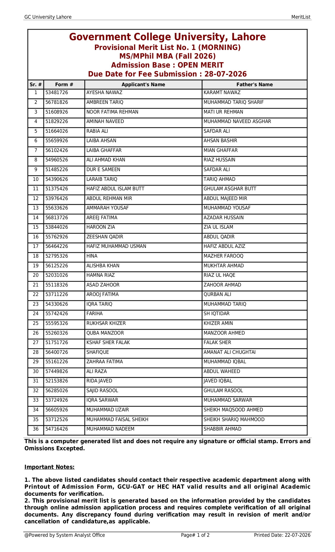 GCU Lahore Merit List 2026 Released for MBA Program Admissions GCU Lahore Merit List 2026 Released for MBA Program Admissions