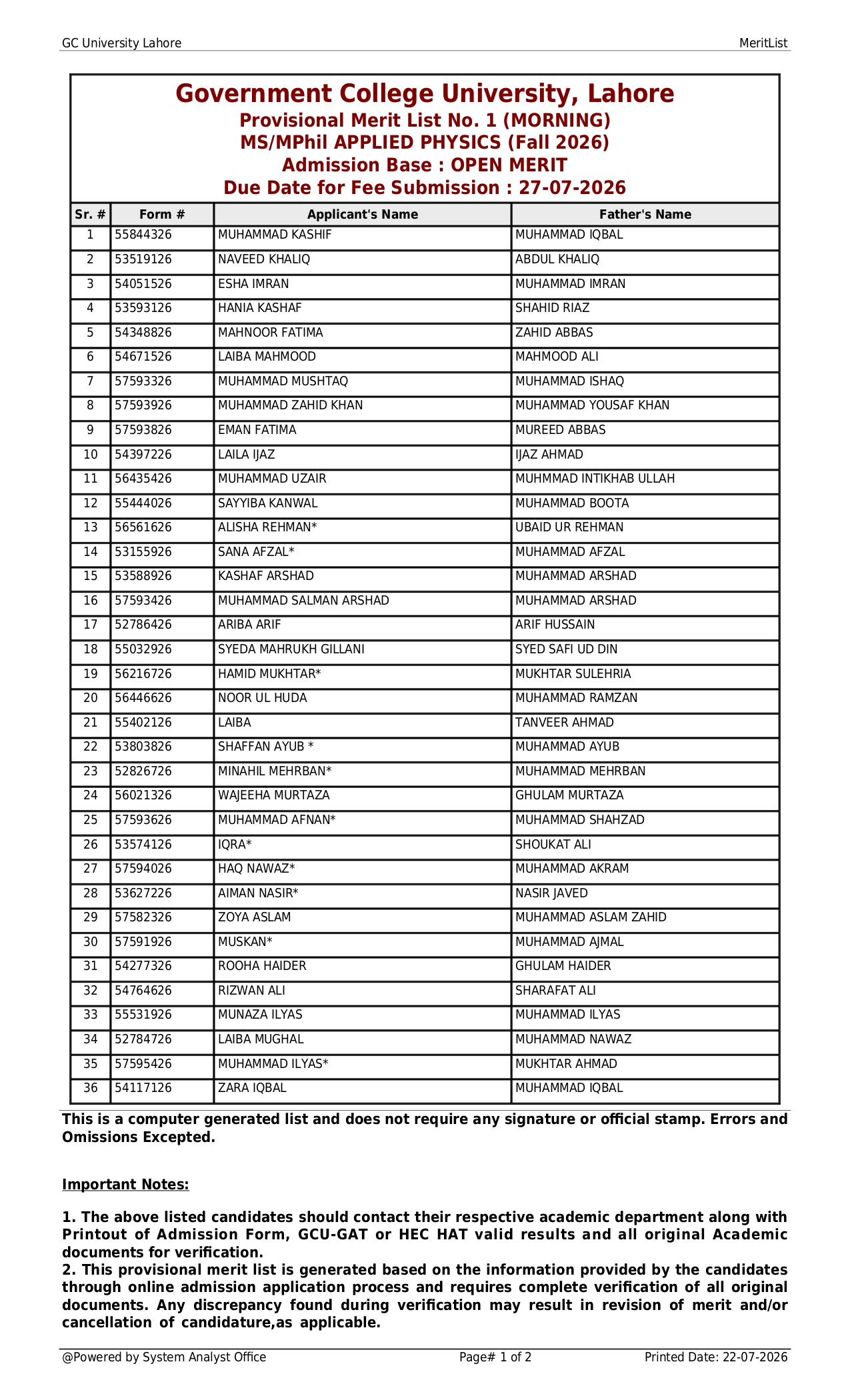 GCU Lahore Merit List 2026 Released for Multiple MPhil Programs GCU Lahore Merit List 2026 Released for Multiple MPhil Programs