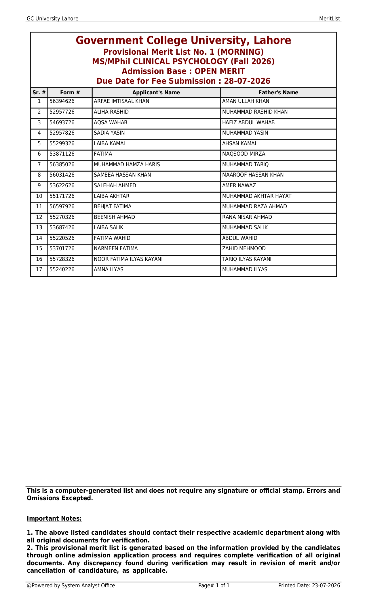 GCU Merit List 2026 Announced for MS Clinical Psychology Admissions GCU Merit List 2026 Announced for MS Clinical Psychology Admissions
