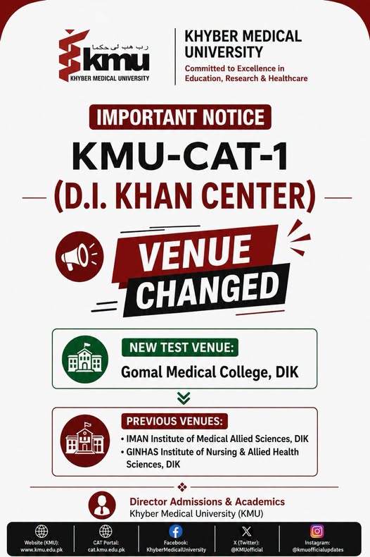 KMU Peshawar Venue Change Notice 2026 Announced for Admission Test Applicants KMU Peshawar Venue Change Notice 2026 Announced for Admission Test Applicants