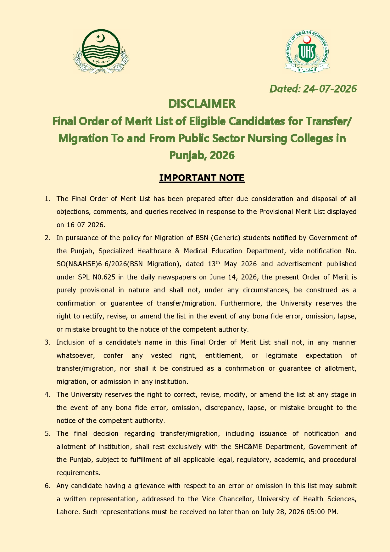 UHS BSN Migration Candidates Final Merit List 2026 Issued UHS BSN Migration Candidates Final Merit List 2026 Issued