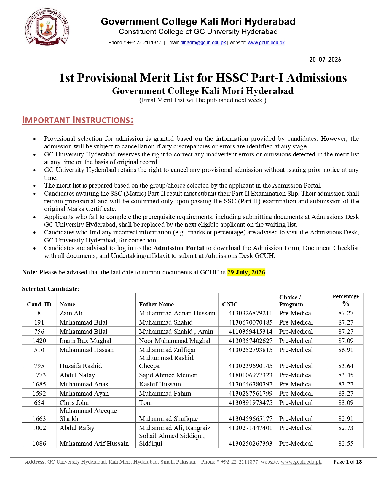 GCUH Provisional Merit List 2026 Announced for Admissions GCUH Provisional Merit List 2026 Announced for Admissions