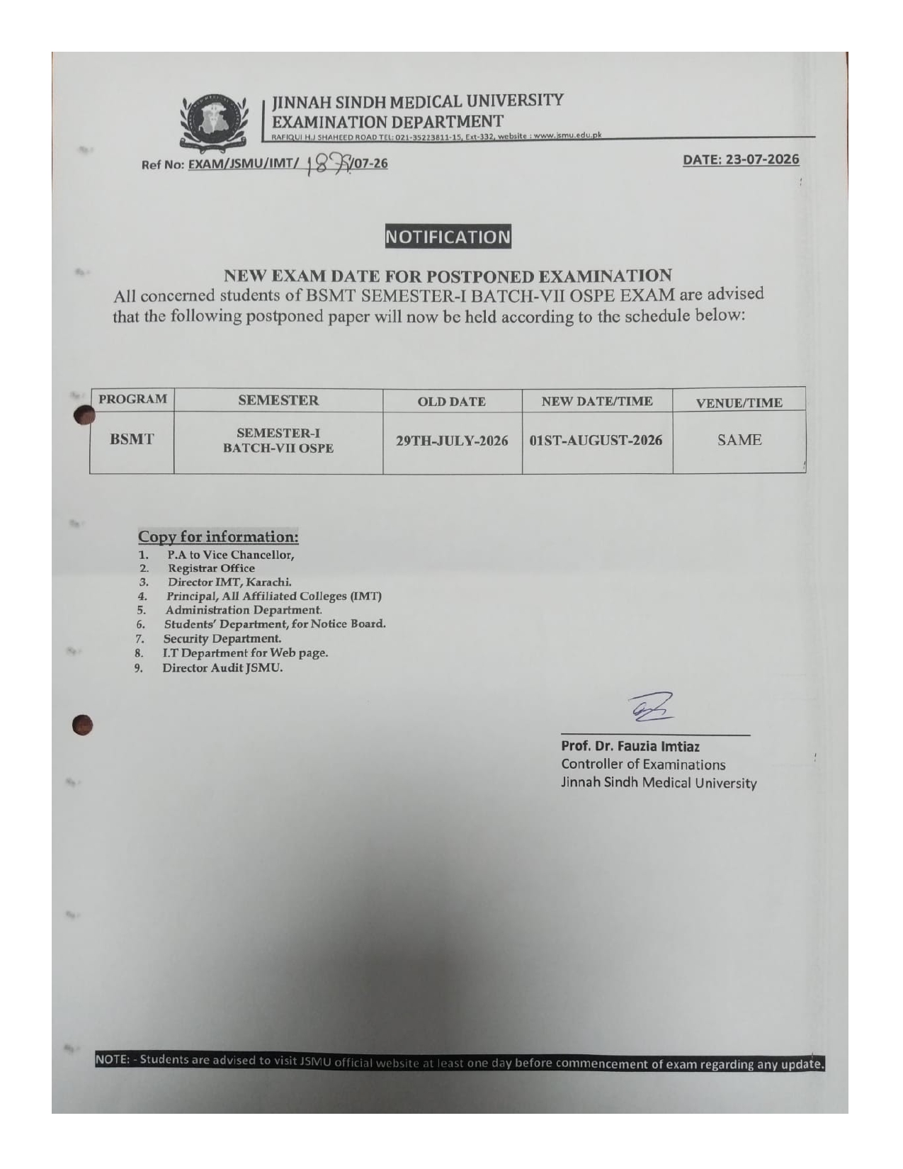 JSMU Date Sheet 2026 Updated with New Exam Date for Postponed BSMT OSPE JSMU Date Sheet 2026 Updated with New Exam Date for Postponed BSMT OSPE
