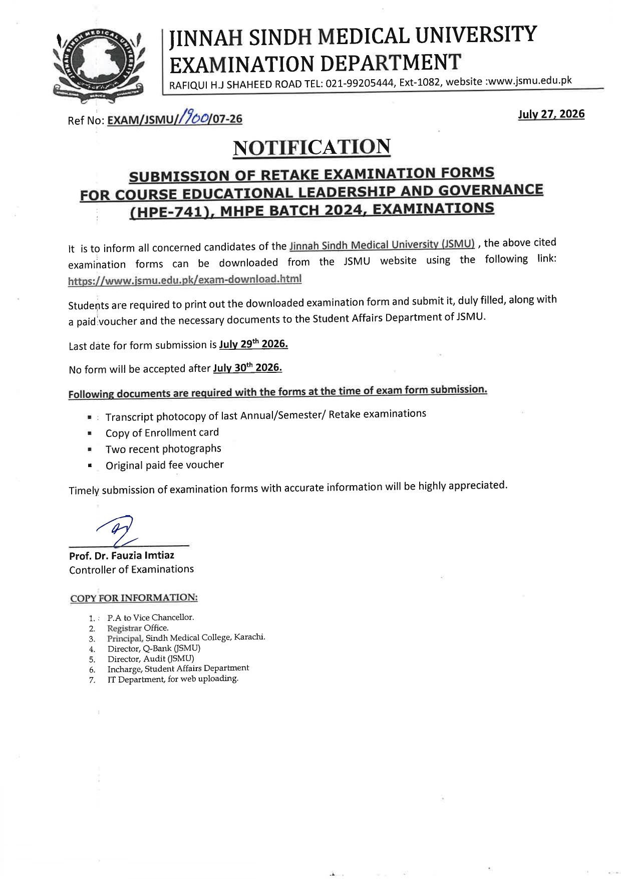 JSMU Releases Exam Form & Fee Notice 2026 for MHPE Batch 2024 Exams JSMU Releases Exam Form & Fee Notice 2026 for MHPE Batch 2024 Exams