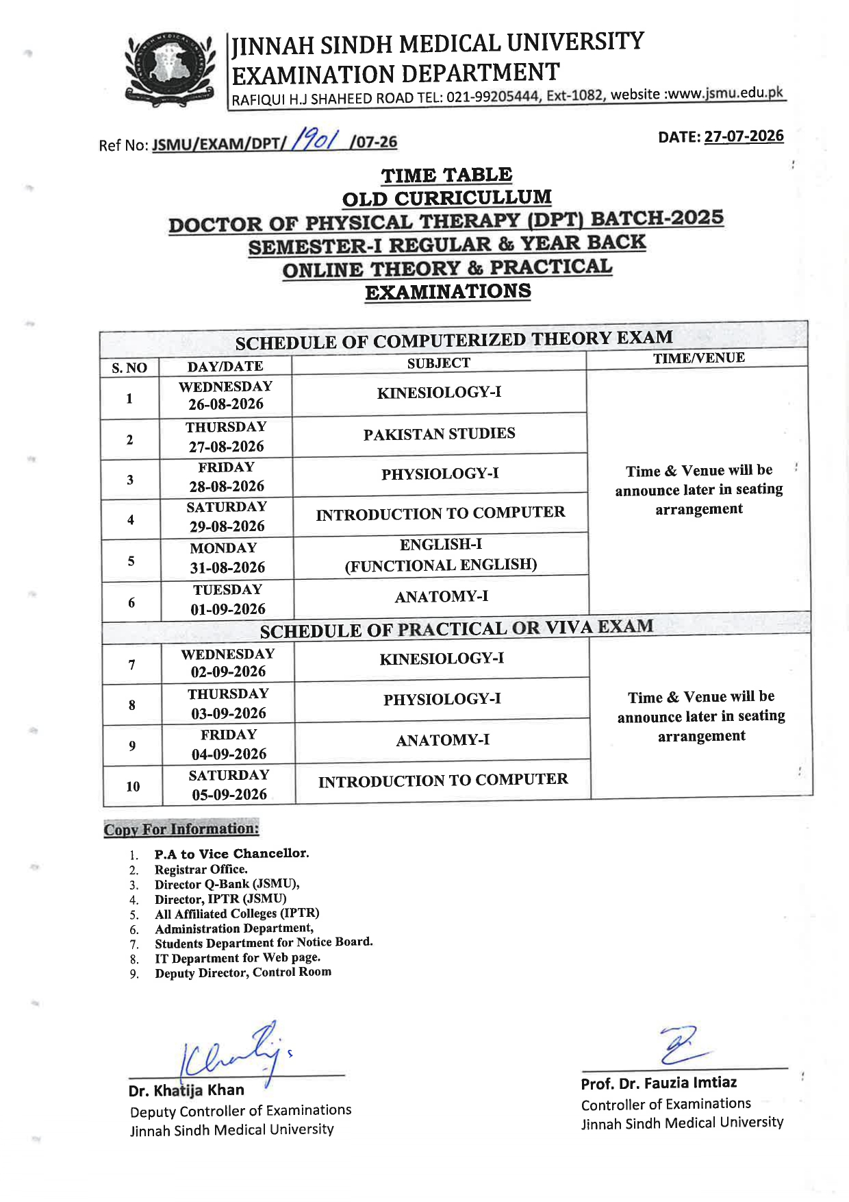 JSMU Announces Time Table 2026 for Old Curriculum DPT Semester I Exams JSMU Announces Time Table 2026 for Old Curriculum DPT Semester I Exams