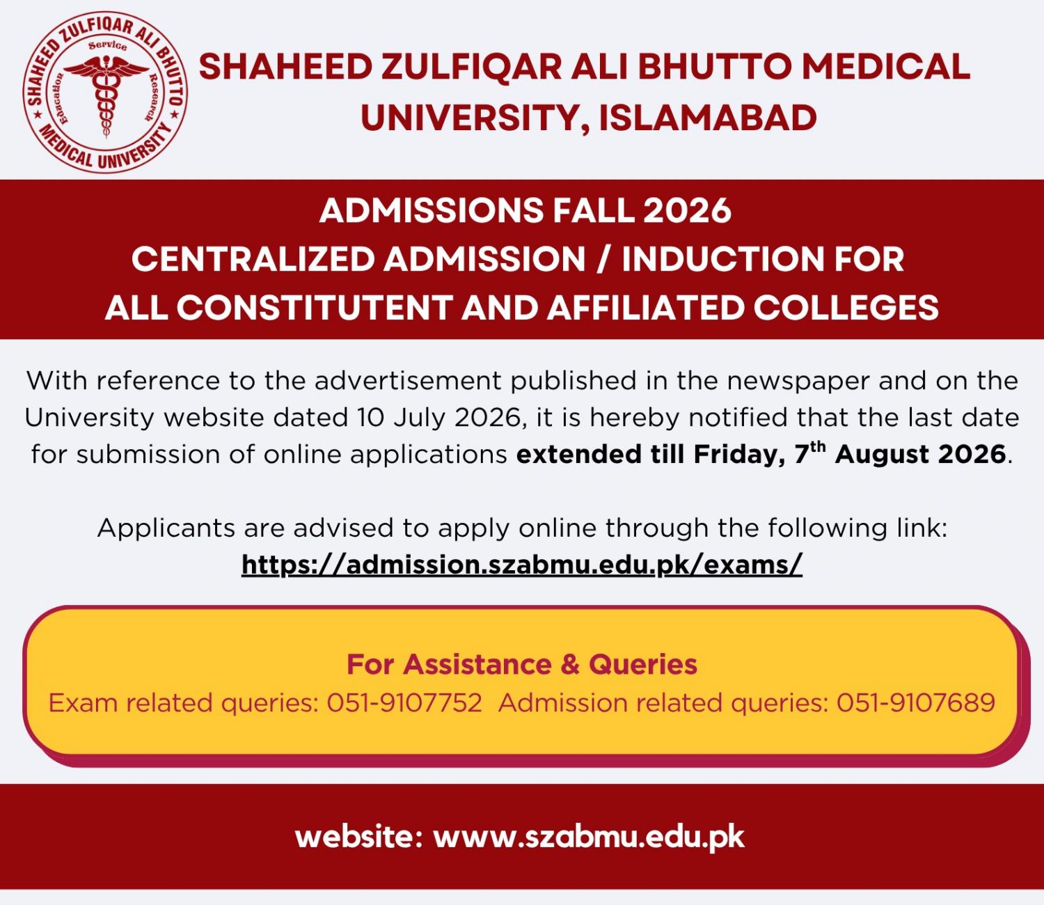 SZABMU Deadline Extension Notice 2026 Announced for Centralized Admissions SZABMU Deadline Extension Notice 2026 Announced for Centralized Admissions