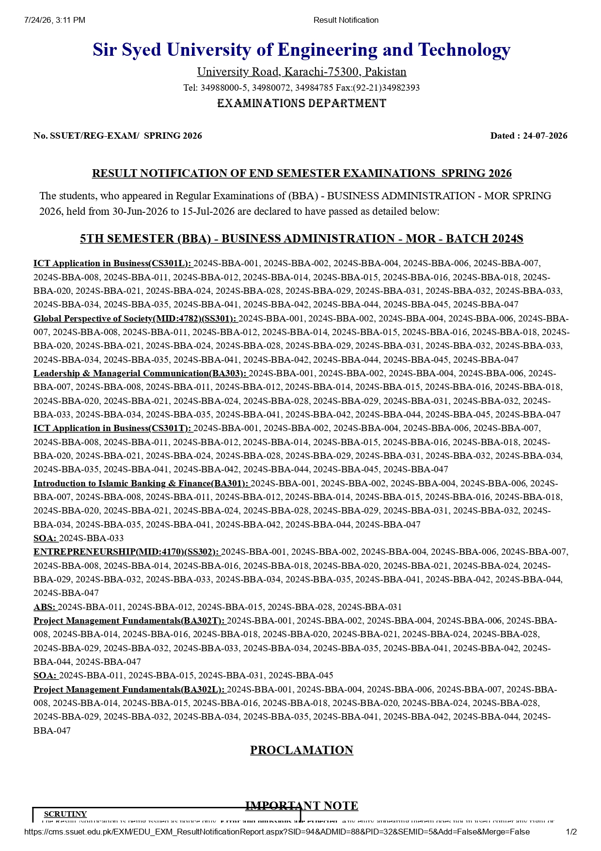 SSUET Result 2026 Announced for 5th Semester BBA Spring Exams SSUET Result 2026 Announced for 5th Semester BBA Spring Exams