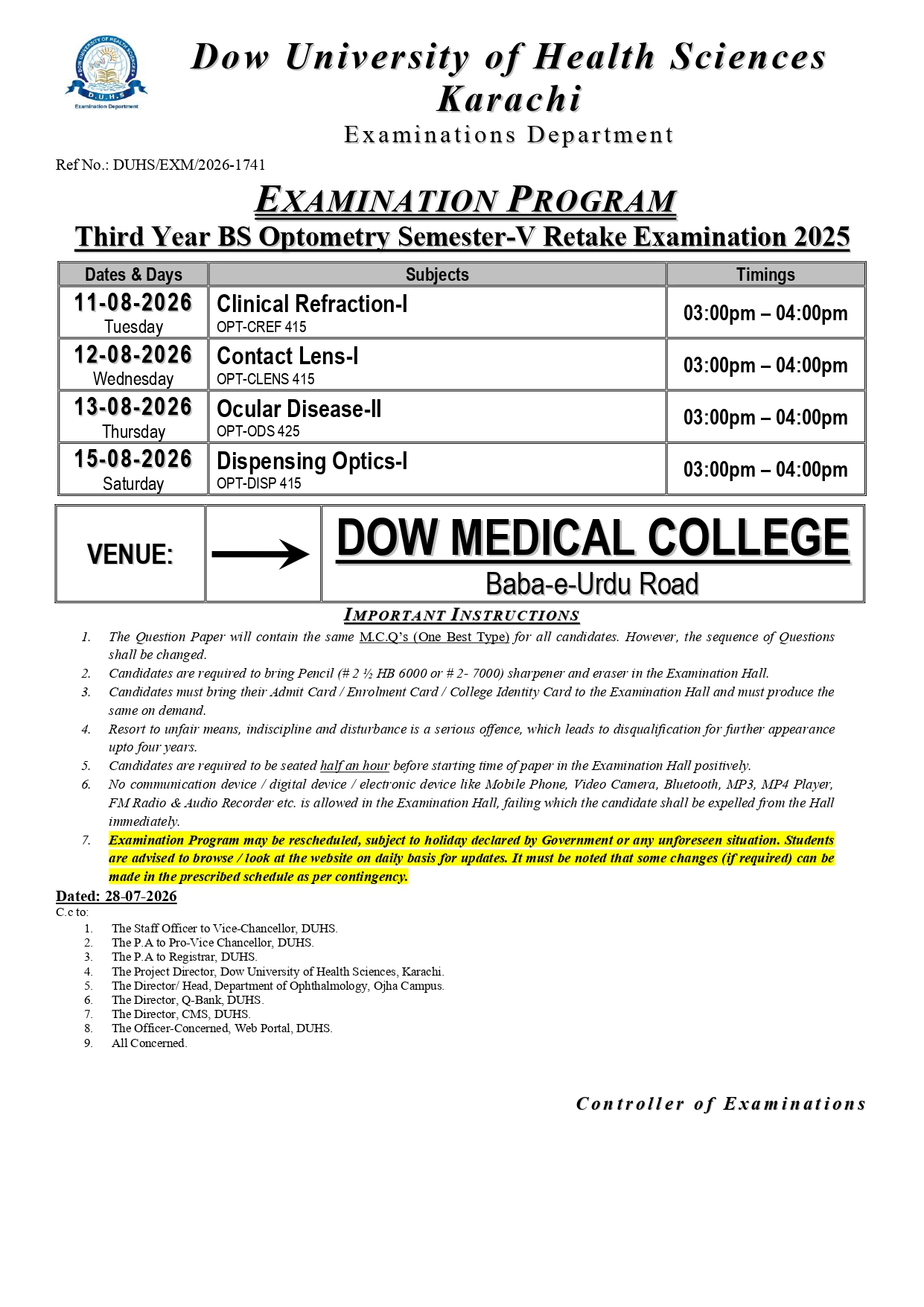 DUHS Date Sheet 2026 Announced for 3rd Year BS Optometry Sem V Retake Exams DUHS Date Sheet 2026 Announced for 3rd Year BS Optometry Sem V Retake Exams