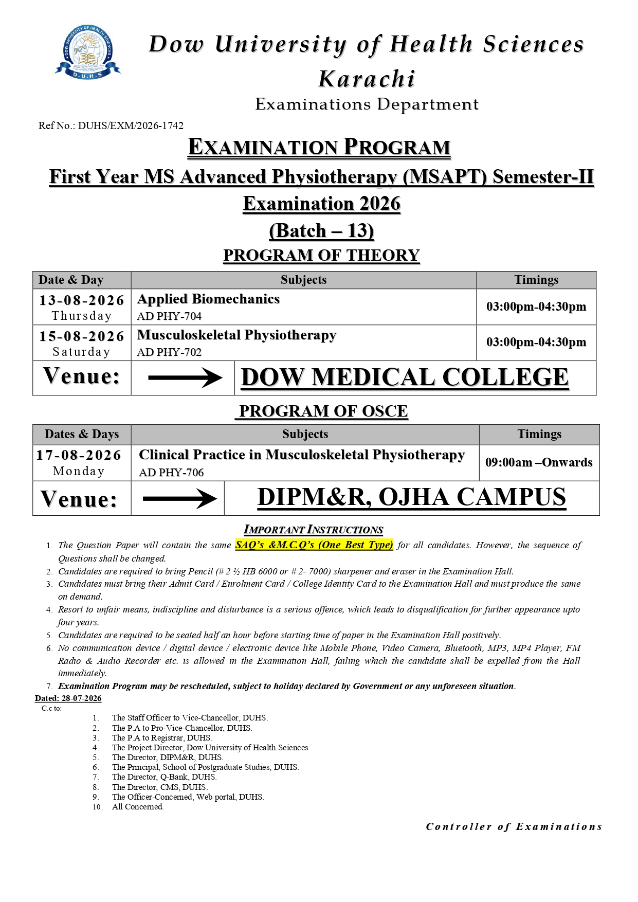 DUHS Announces Date Sheet 2026 for 1st Year MSAPT Semester II Exams DUHS Announces Date Sheet 2026 for 1st Year MSAPT Semester II Exams