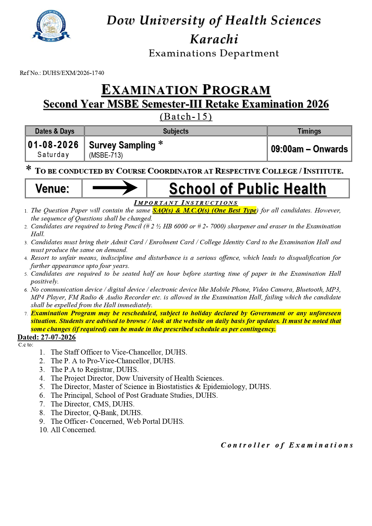 DUHS Announces Date Sheet 2026 for 2nd Year MSBE Semester III Retake Exams DUHS Announces Date Sheet 2026 for 2nd Year MSBE Semester III Retake Exams