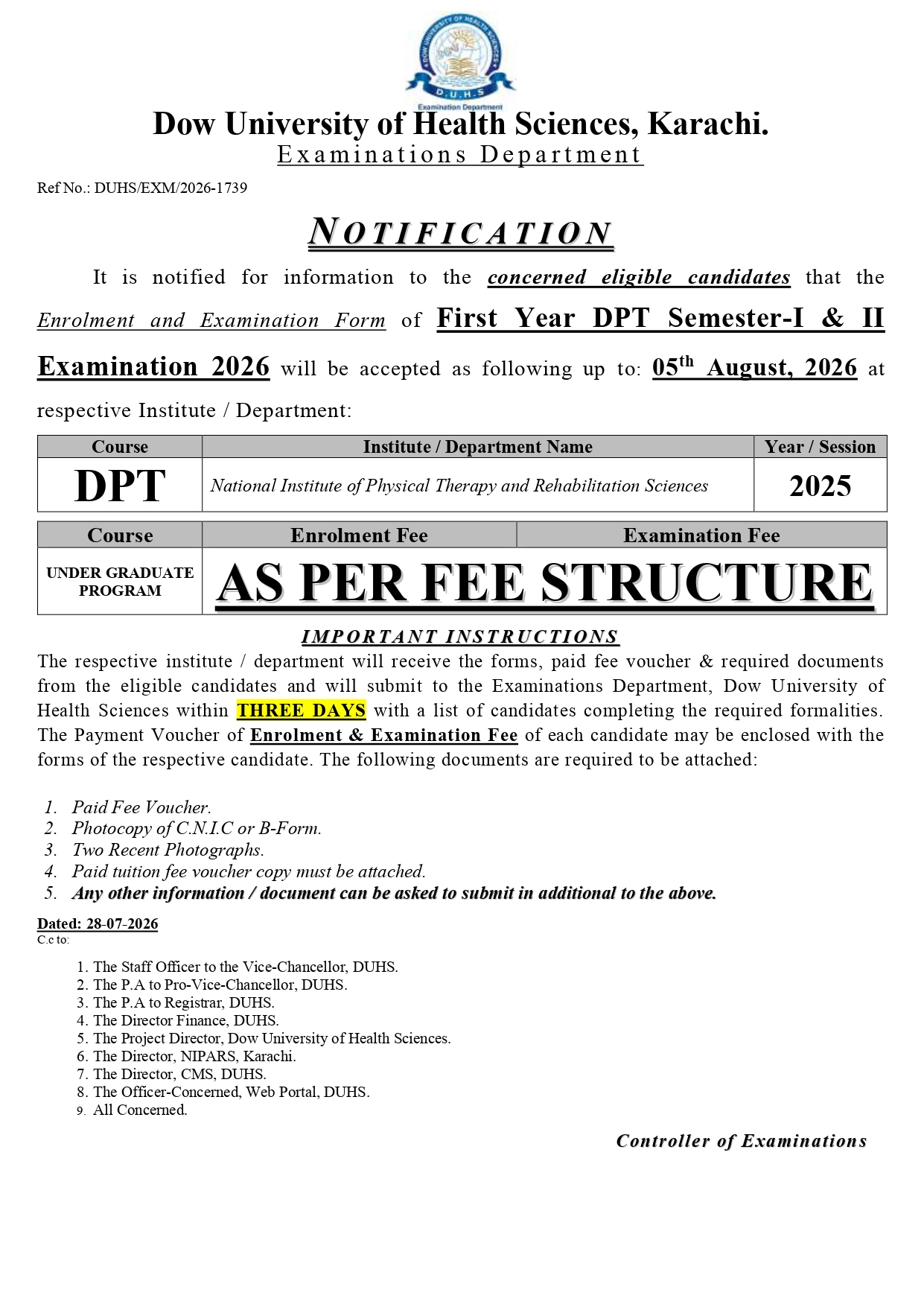 DUHS Enrollment & Exam Form Notice 2026 Issued for 1st Year DPT Sem I & II Exams DUHS Enrollment & Exam Form Notice 2026 Issued for 1st Year DPT Sem I & II Exams