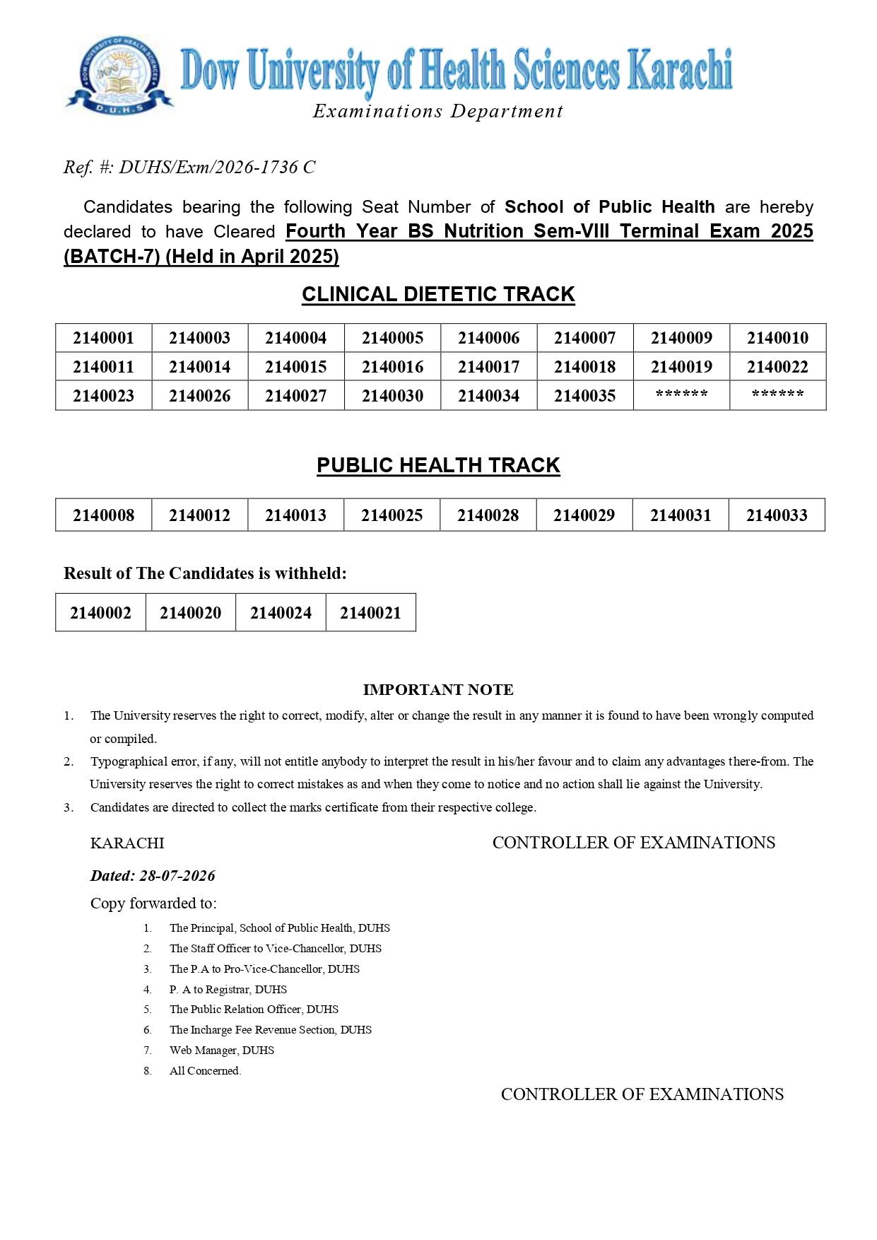 DUHS Result 2026 Announced for 4th Year BS Nutrition Semester VIII Terminal Exam DUHS Result 2026 Announced for 4th Year BS Nutrition Semester VIII Terminal Exam
