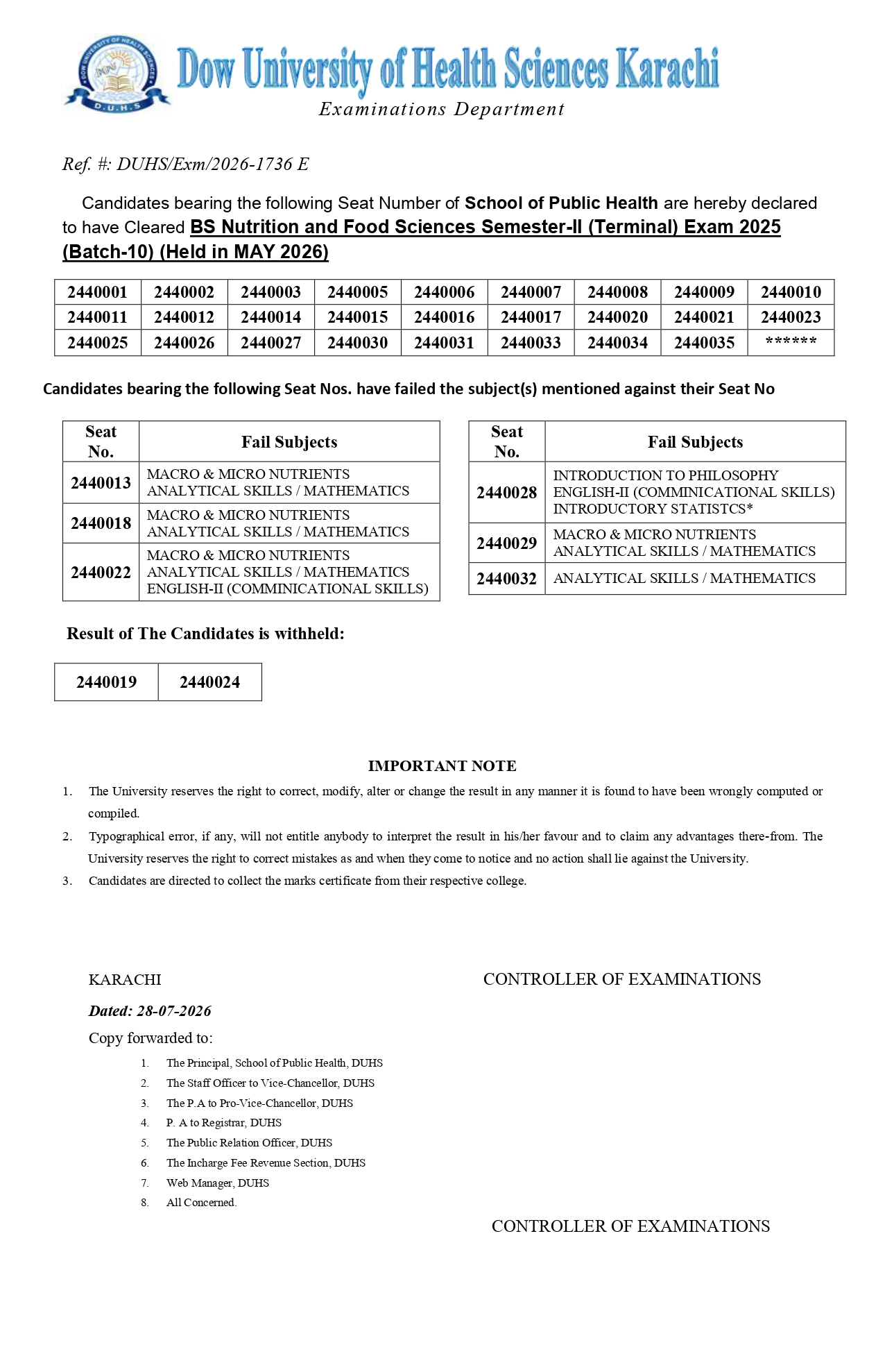 DUHS Releases BSNFS Program Result 2026 DUHS Releases BSNFS Program Result 2026