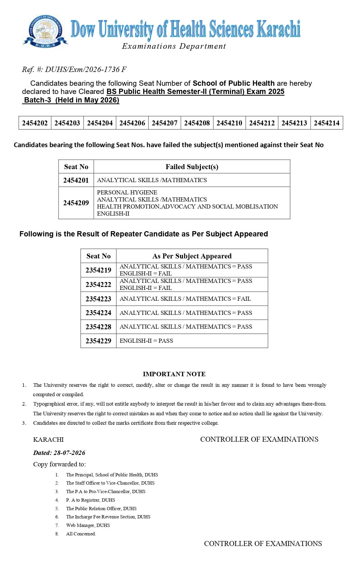 DUHS Result 2026 Announced for BSPH Sem II Batch-3 Terminal Exam DUHS Result 2026 Announced for BSPH Sem II Batch-3 Terminal Exam