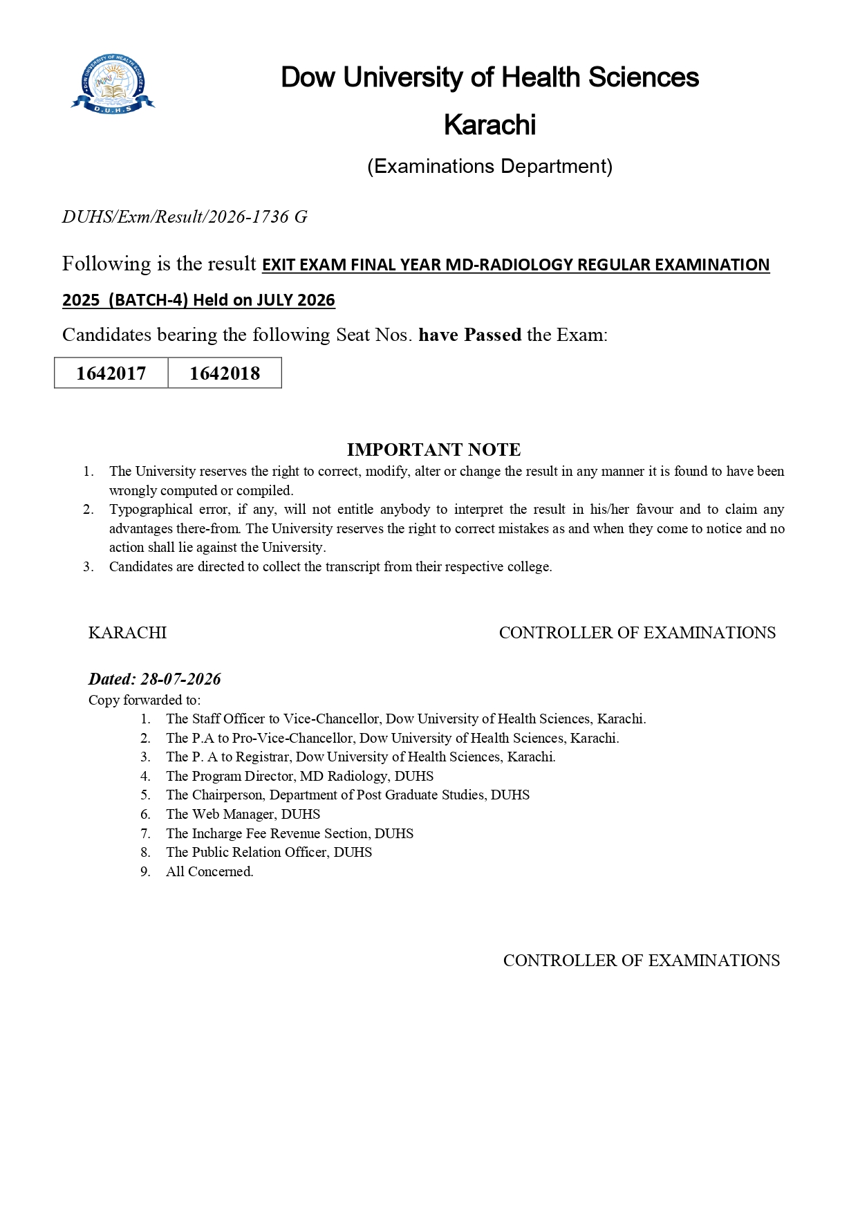 DUHS Releases Exit Exam Final Year MD Radiology Regular Exam Batch 4 Result 2026 DUHS Releases Exit Exam Final Year MD Radiology Regular Exam Batch 4 Result 2026