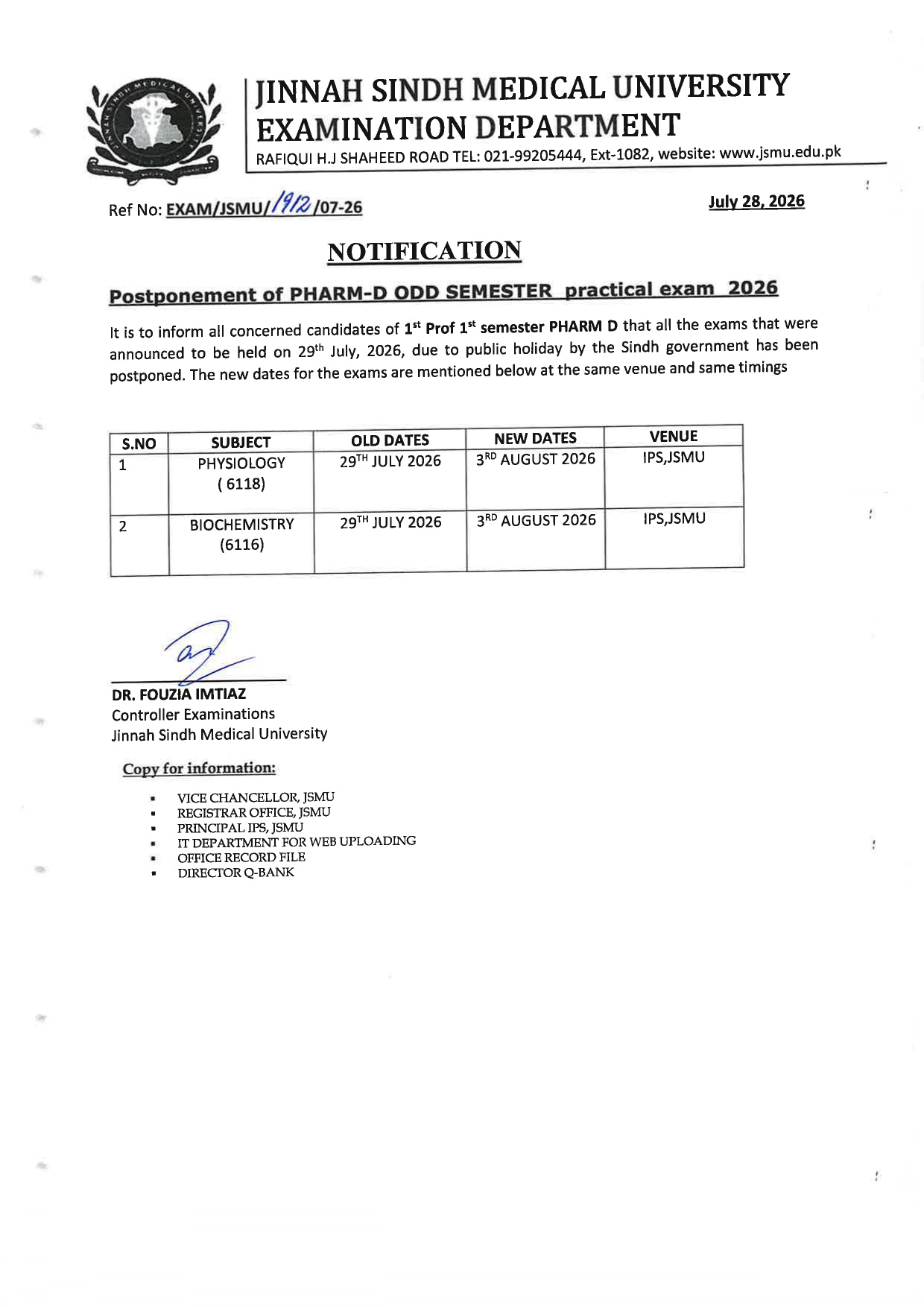 JSMU Releases Revised Exam Schedule 2026 for PharmD ODD Semester Practical Exams JSMU Releases Revised Exam Schedule 2026 for PharmD ODD Semester Practical Exams