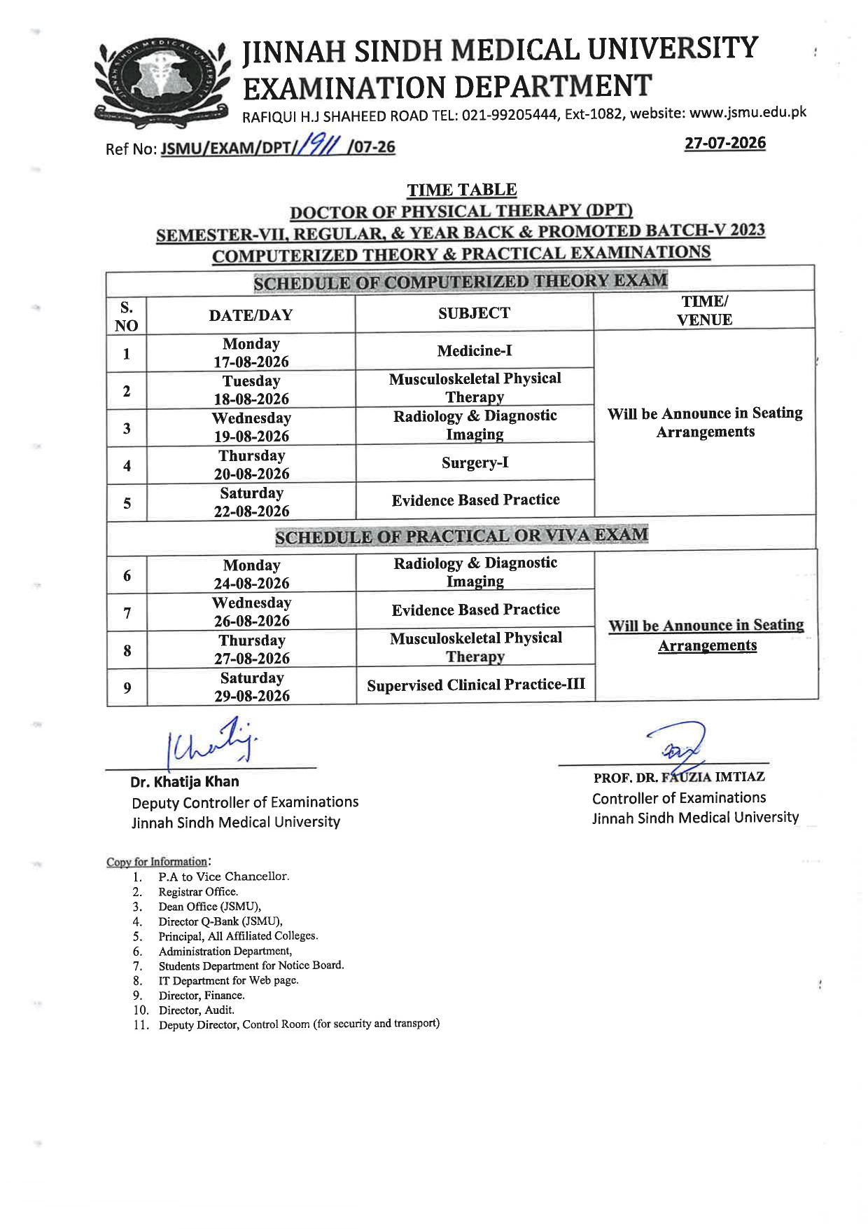 JSMU DPT Sem VII Regular & YB & Promoted Batch V Exams Date Sheet 2026 Released JSMU DPT Sem VII Regular & YB & Promoted Batch V Exams Date Sheet 2026 Released