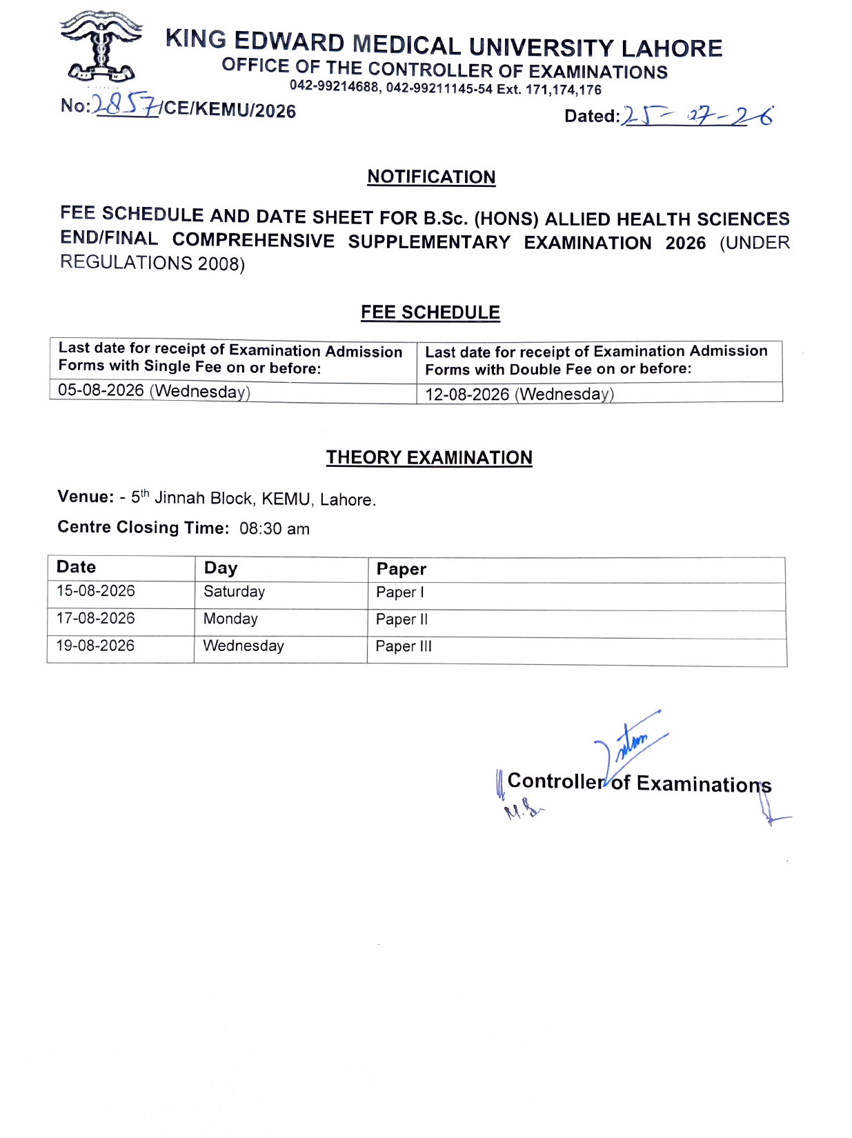 KEMU BSc Hons AHS Date Sheet & Fee Schedule 2026 Released