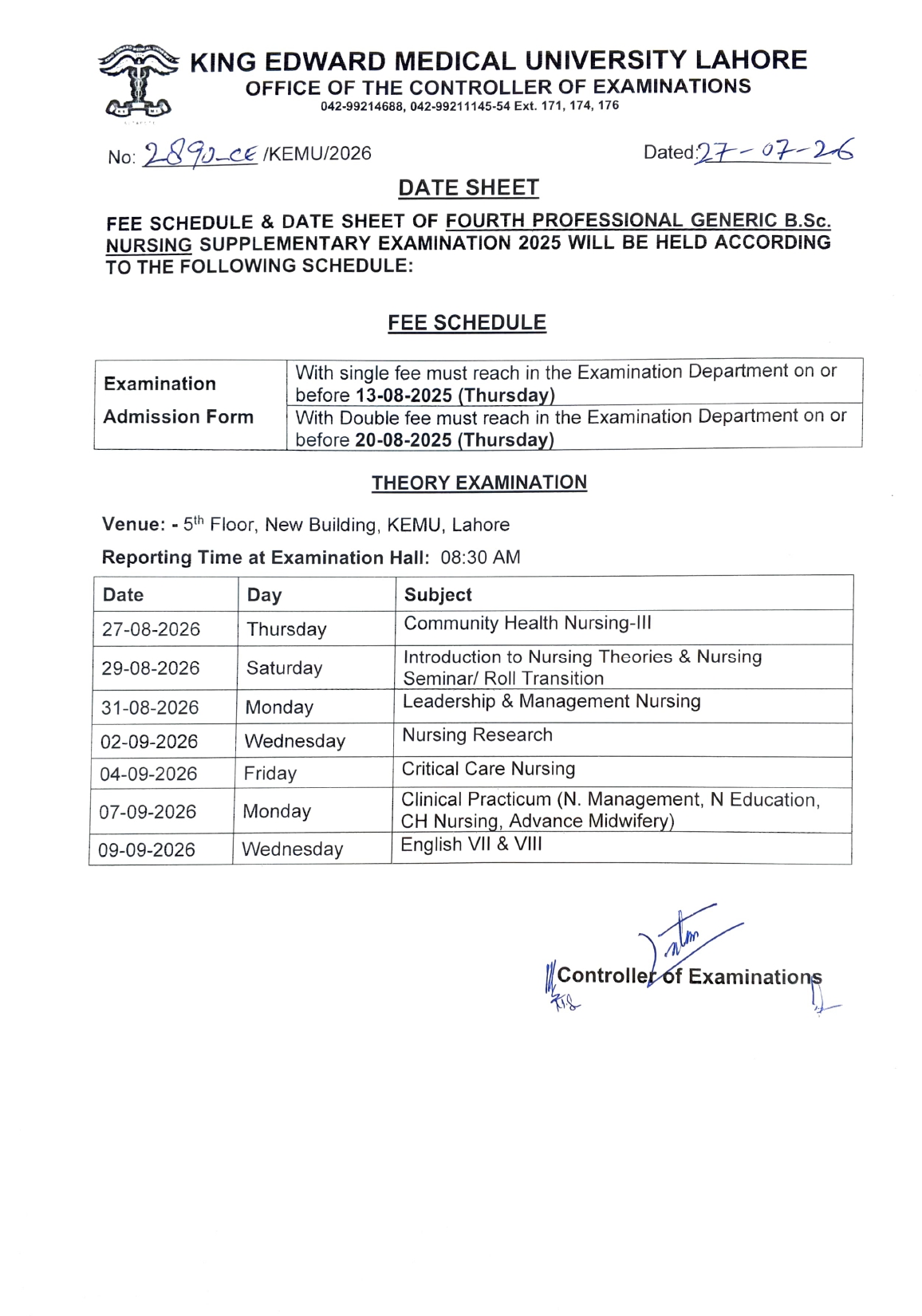 KEMU 4th Professional BSc Nursing Suppl Fee Schedule & Date Sheet 2026 Released