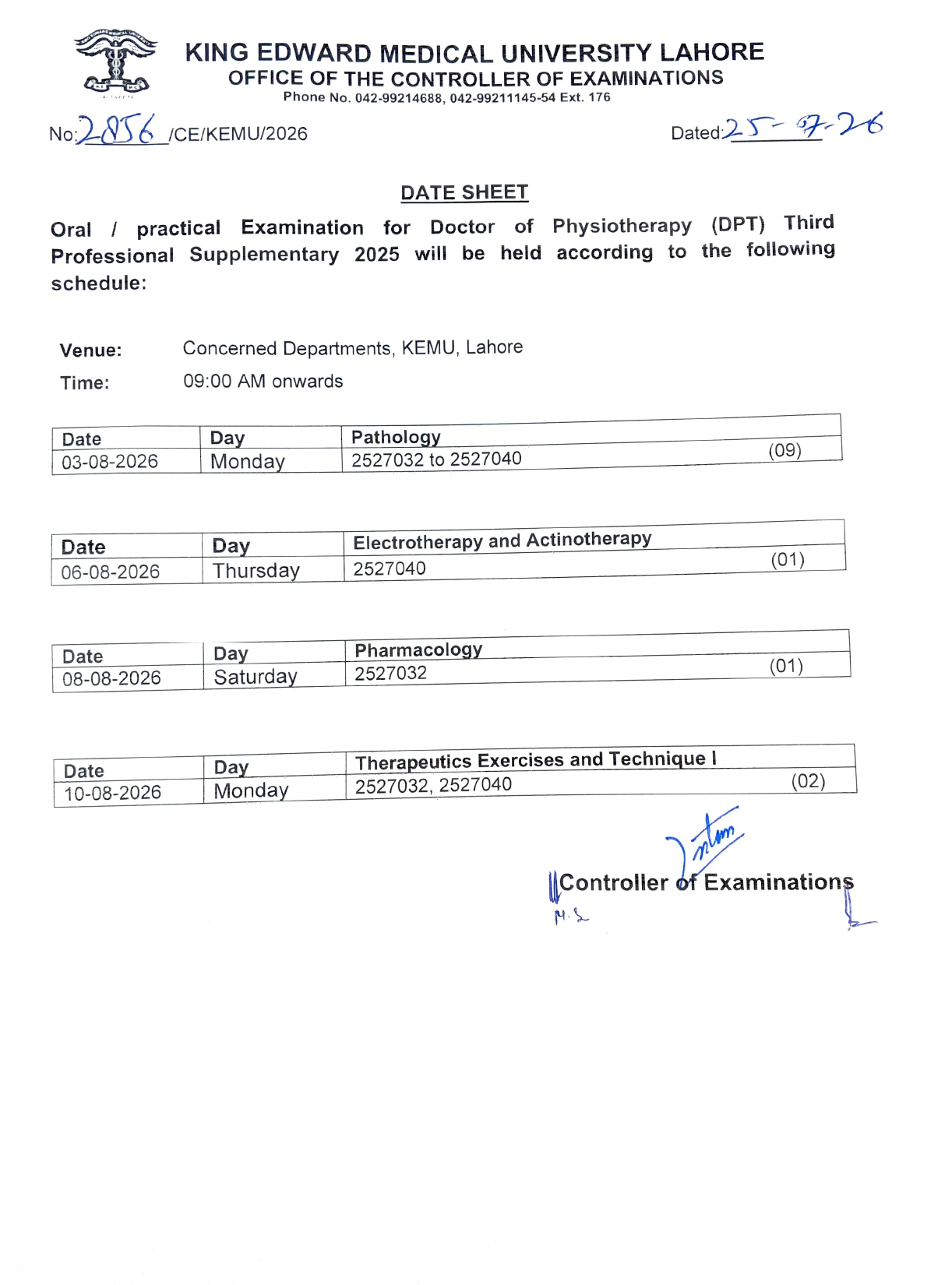 KEMU Date Sheet 2026 Released for DPT 3rd Professional Supplementary Exams