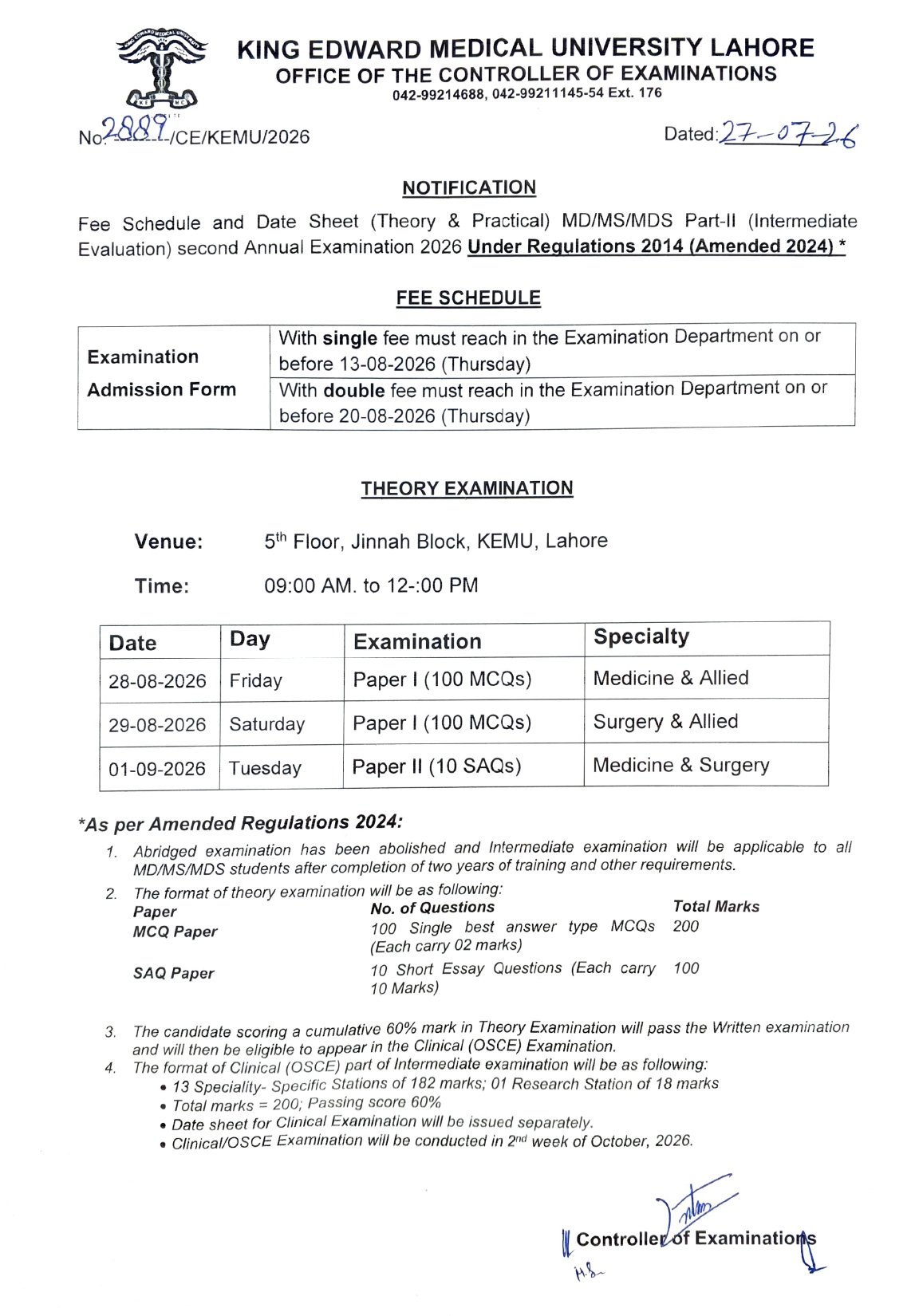 KEMU Fee Schedule & Date Sheet 2026 Released for MD MS MDS Part-II Exams