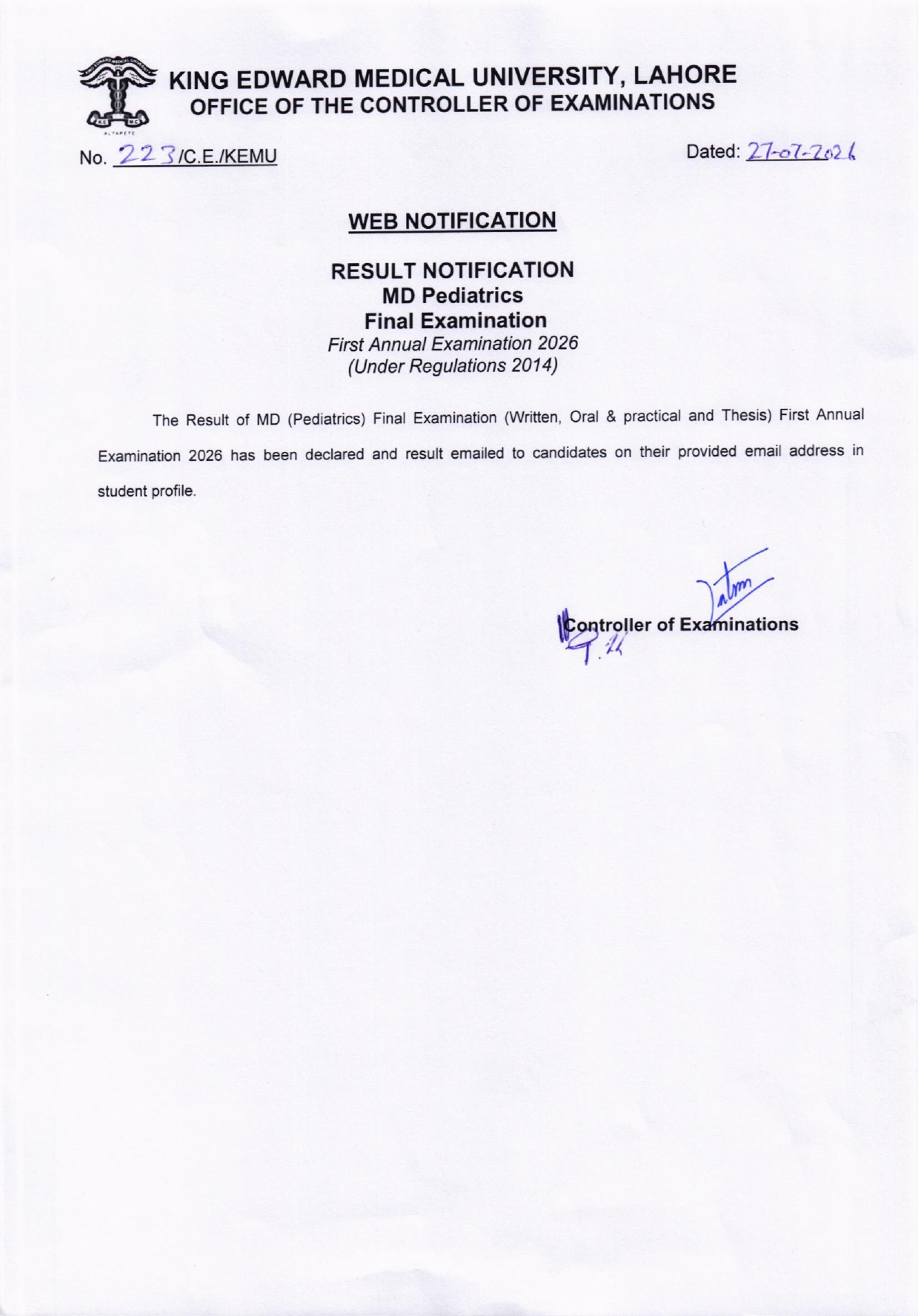 KEMU Result Notification 2026 Announced for MD Pediatrics Final Exams