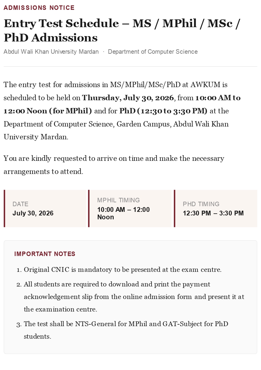 AWKUM Entry Test Schedule 2026 Announced for MS, MPhil and PhD Admissions