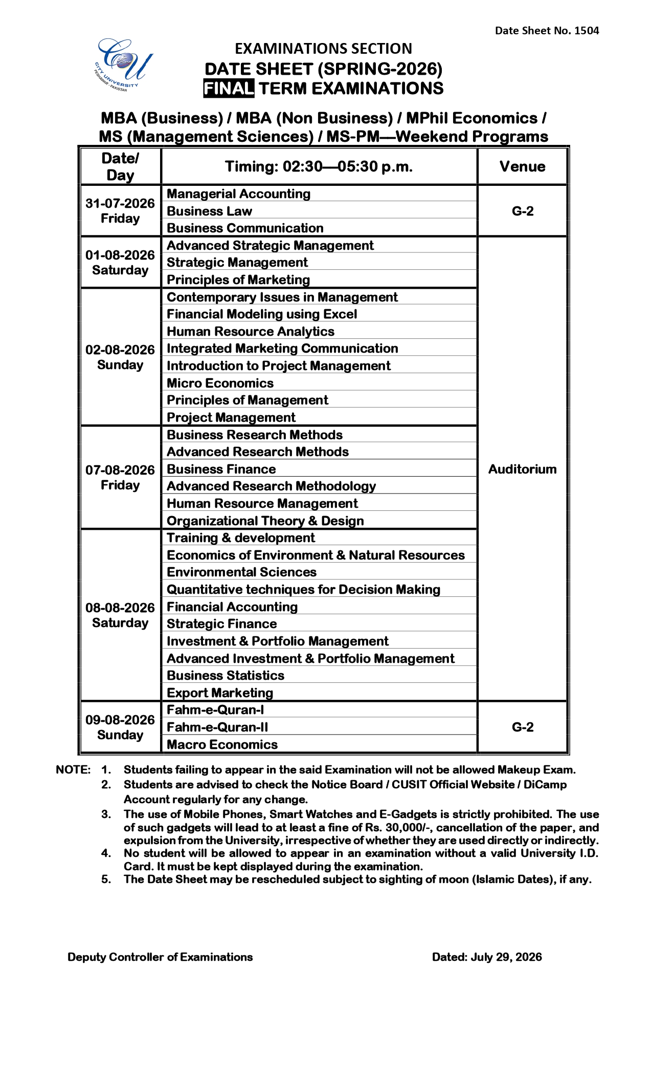 CUSIT Date Sheet 2026 Released for MBA, MS and MPhil Weekend Exams
