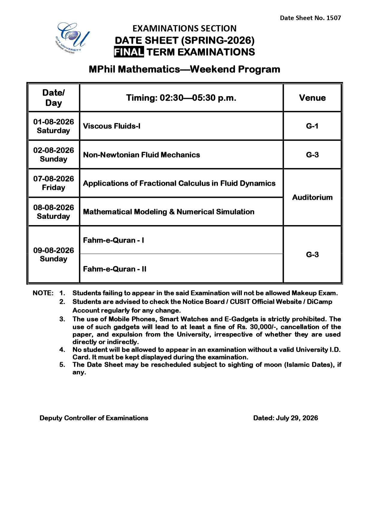 CUSIT Date Sheet 2026 Released for MPhil Weekend Final Term Exams