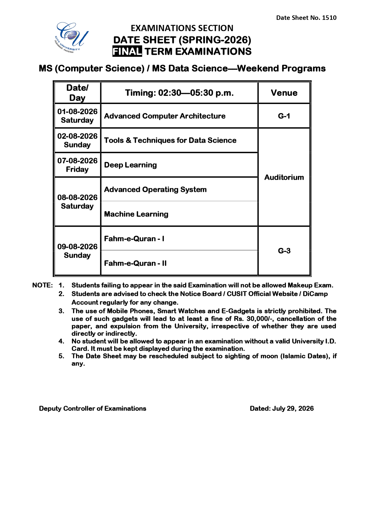 CUSIT Date Sheet 2026 Released for MSCS, MSDS and MSHCM Weekend Exams