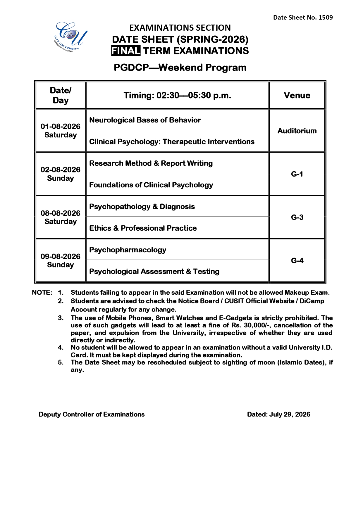 CUSIT Date Sheet 2026 Announced for PGDCP Final Term Examinations
