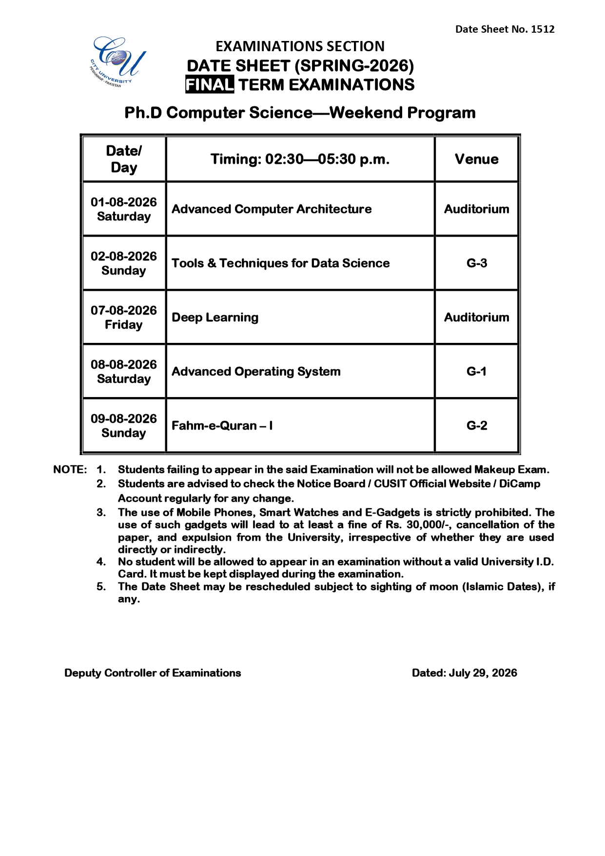 CUSIT Date Sheet 2026 Released for Ph.D Computer Science and Management Sciences
