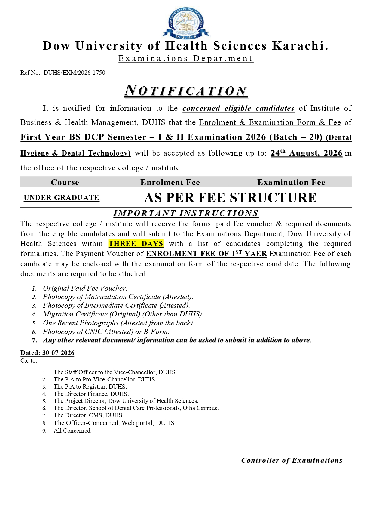 DUHS Enrolment & Exam Form & Fee Notice 2026 Released for BS DCP Students