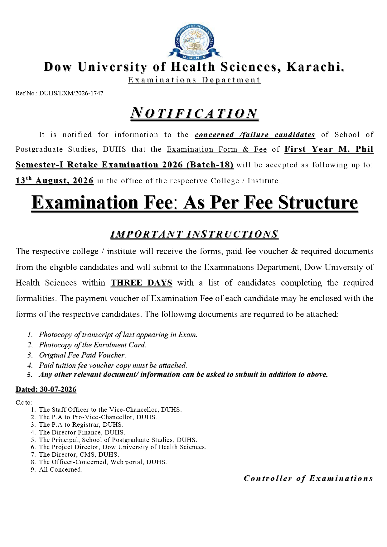 DUHS Exam Form & Fee Notice 2026 Released for MPhil Semester I Retake