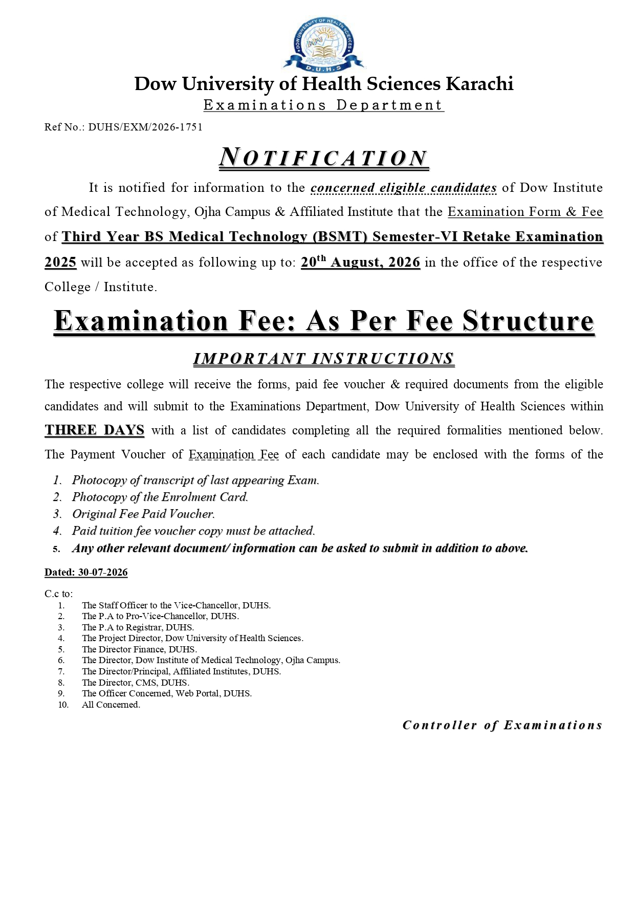 DUHS Exam Form & Fee Notice 2026 Announced for BSMT Semester VI Retake